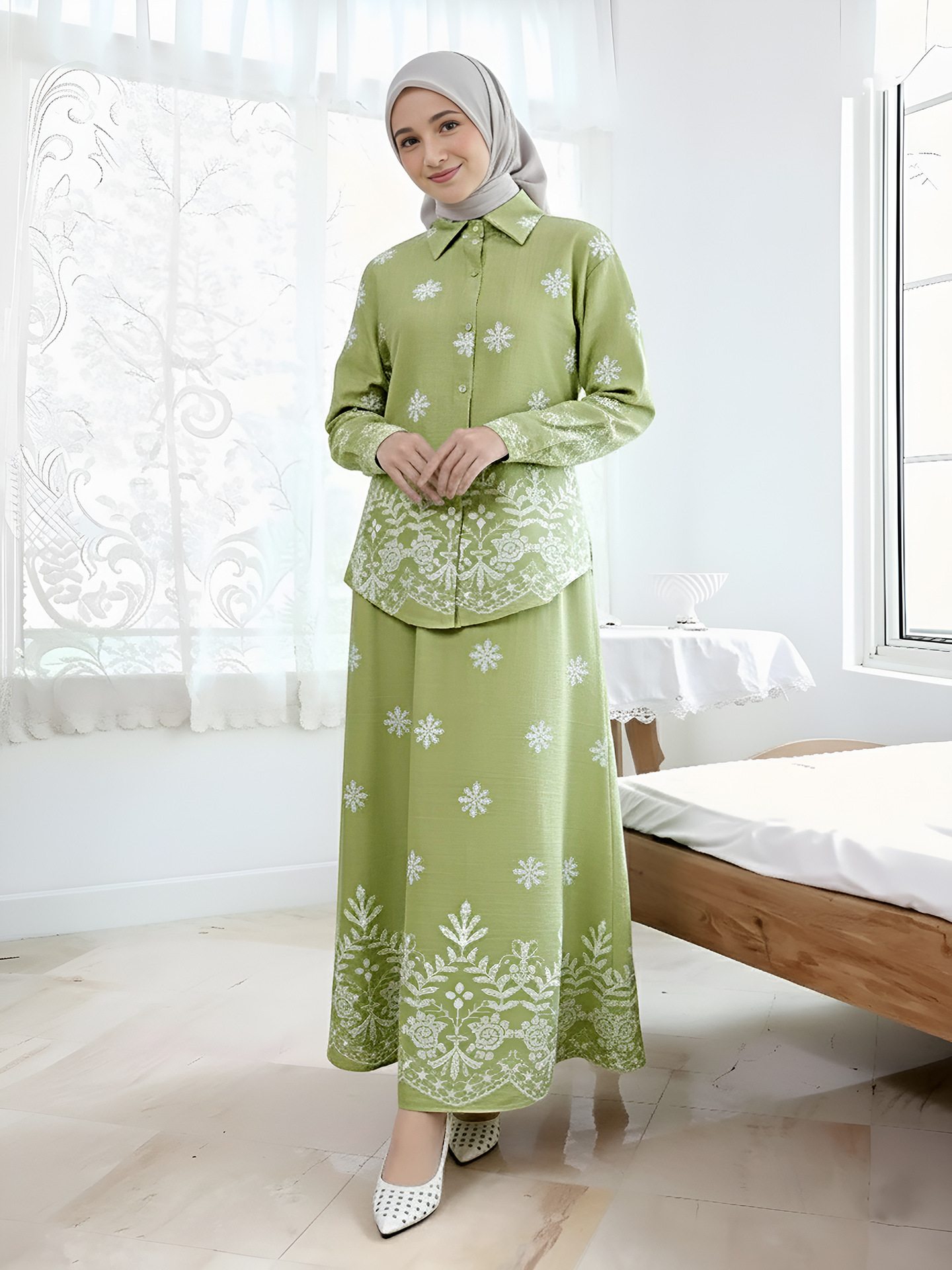 Women Print Blouse Long Skirt 2 Piece Set Muslim Button Blusa Jalabiya Ramadan Dubai Arab Long Spring - detail 9
