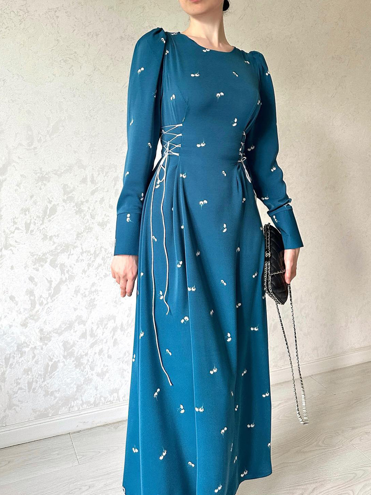 Chic Drawstring Waist Loose Dress Women Long Sleeve O Neck High Waist Pullover Swing Knee Length Spring Autumn - detail 4