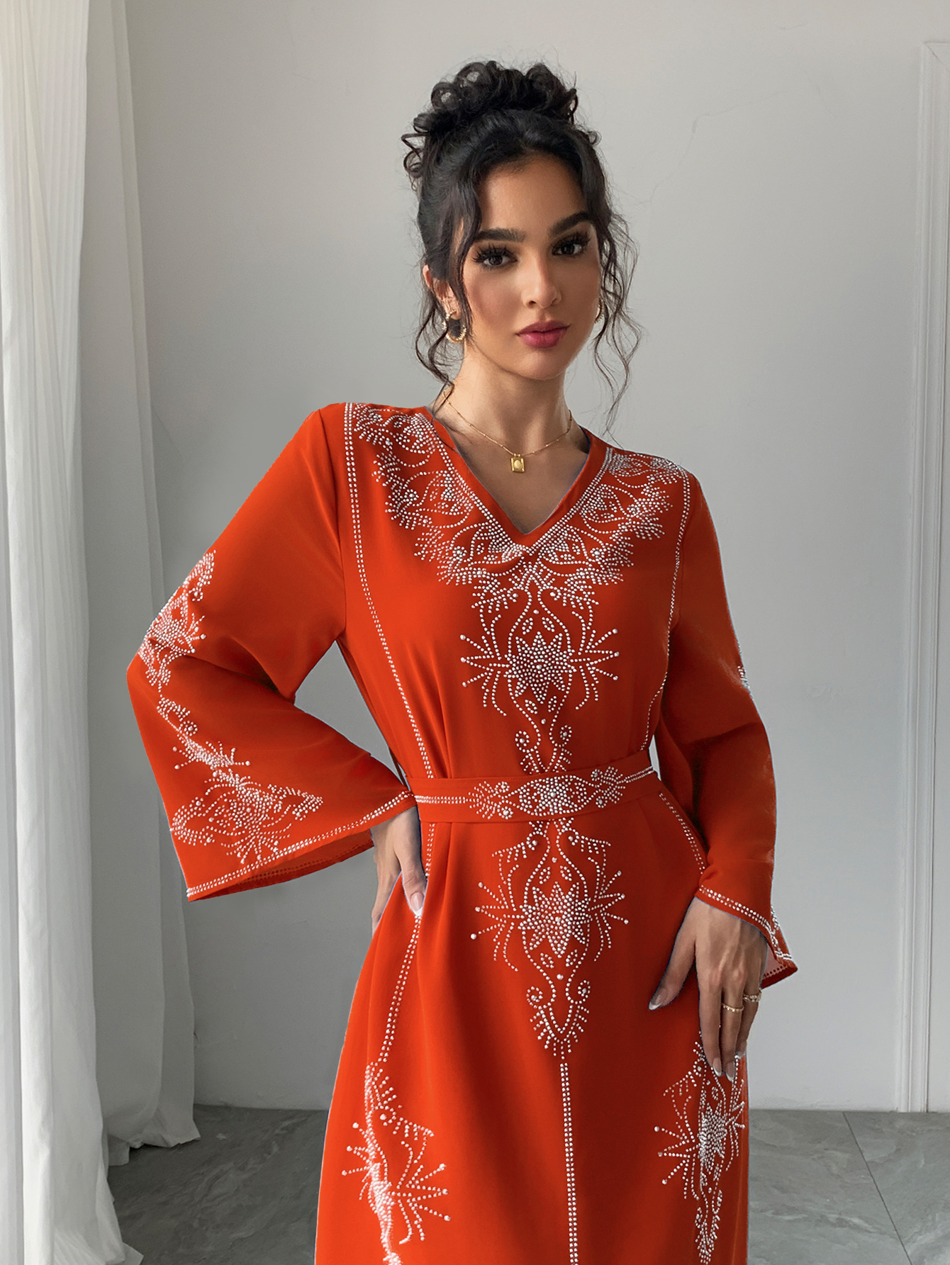 Women Diamond Dress Abaya Muslim Jalabiya Ramadan V Neck Party Dresses Arab Long Robe Dubai Kaftan - detail 7