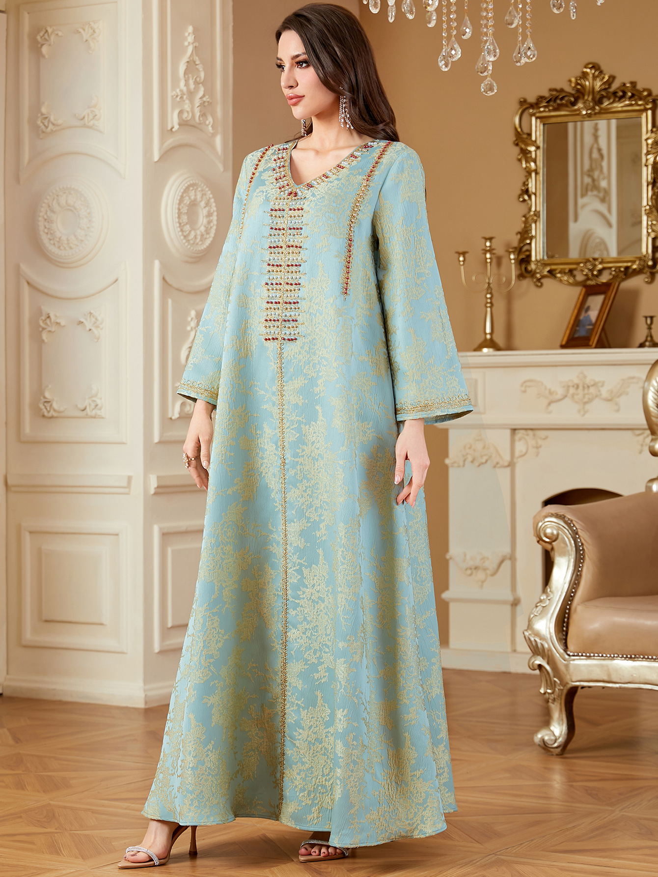 Women Embroidery Print Dress Abaya Women Party Jalabiya Muslim Dubai  Ramadan Prayer Caftan Robe - detail 12