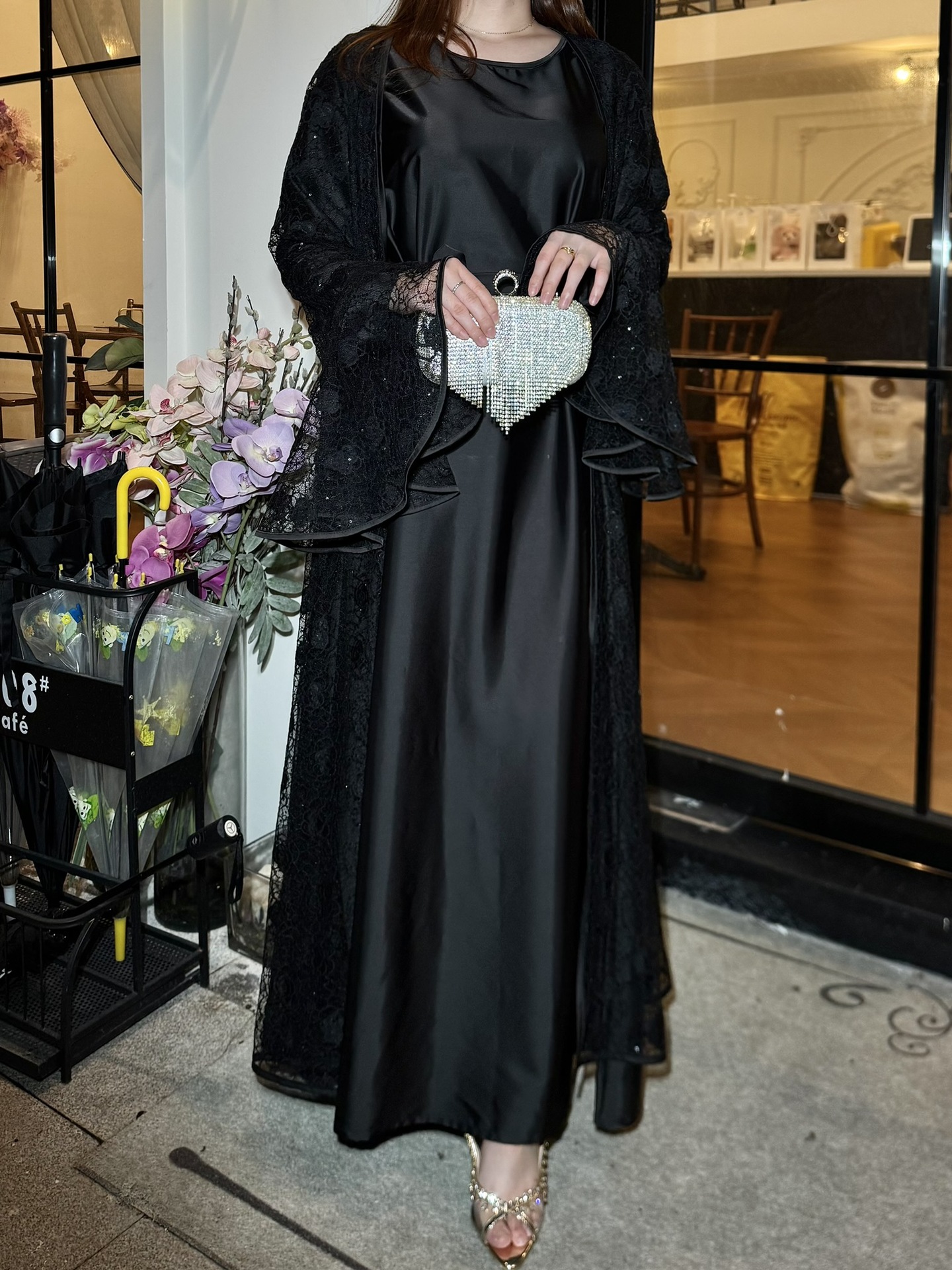 Muslim Party Women's Suits Lace Flare Sleeve Shawl Coat and Long Dress Two Piece Set Spring Elegant Solid Color Outfit - detail 10