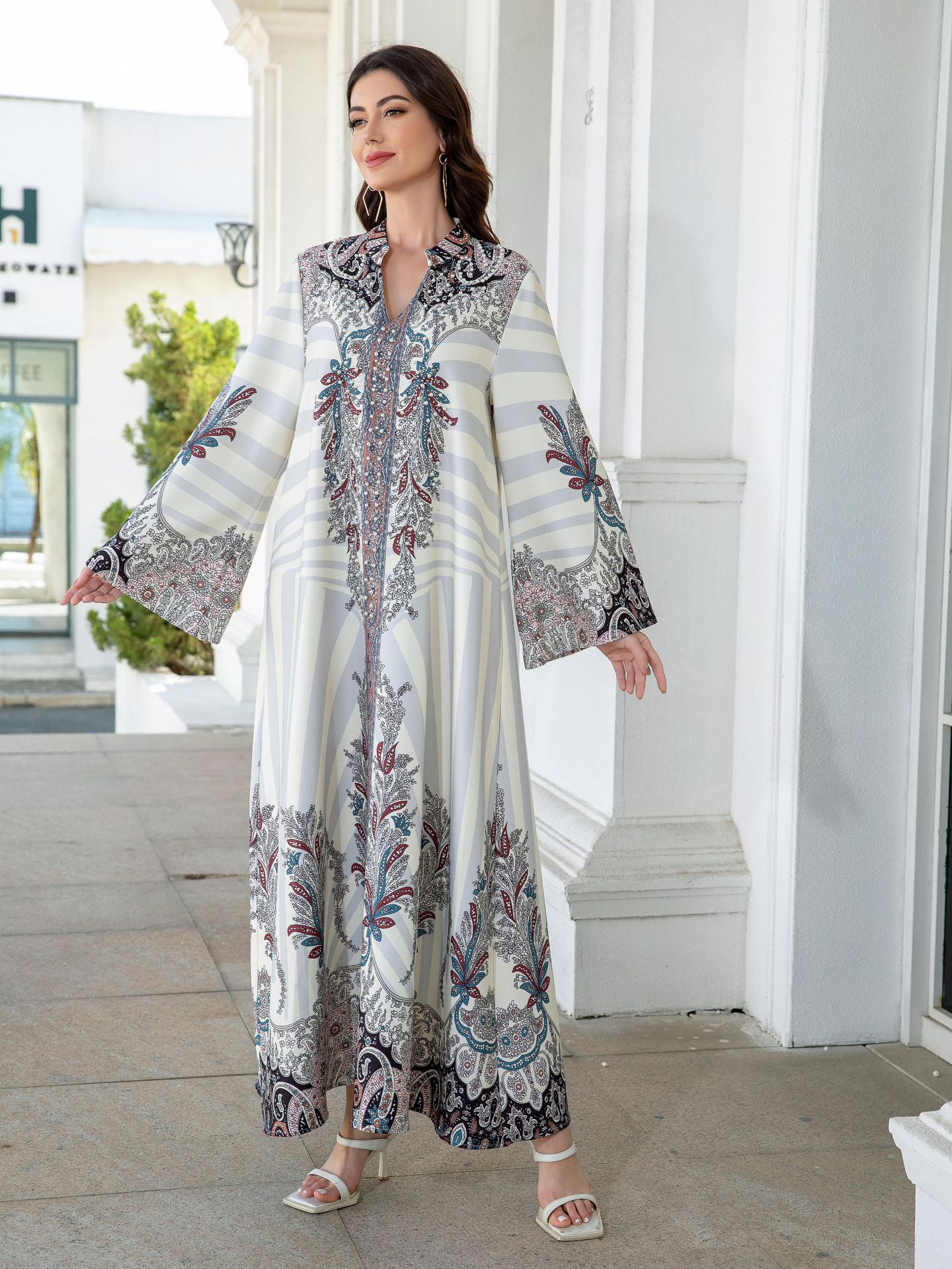Muslim Ladies Long Dress Printed Diamond Embellished Stand Collar Abaya New Style Cross-Border Middle East Clothing - detail 7