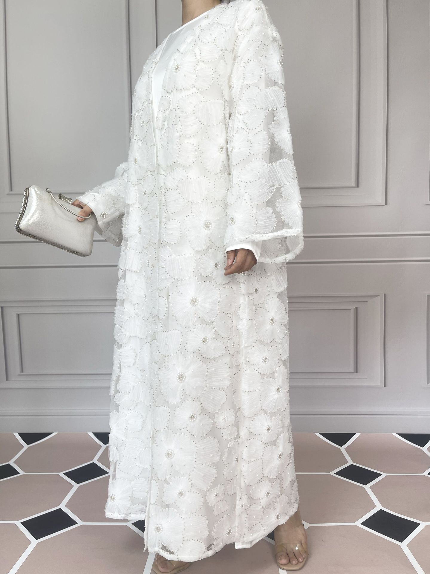 Women’s 2‑Piece Set | Mesh Floral Beaded Jacket & Satin Inner Dress | Elegant Party Outfit, Vintage Style, Modest Wear - detail 2