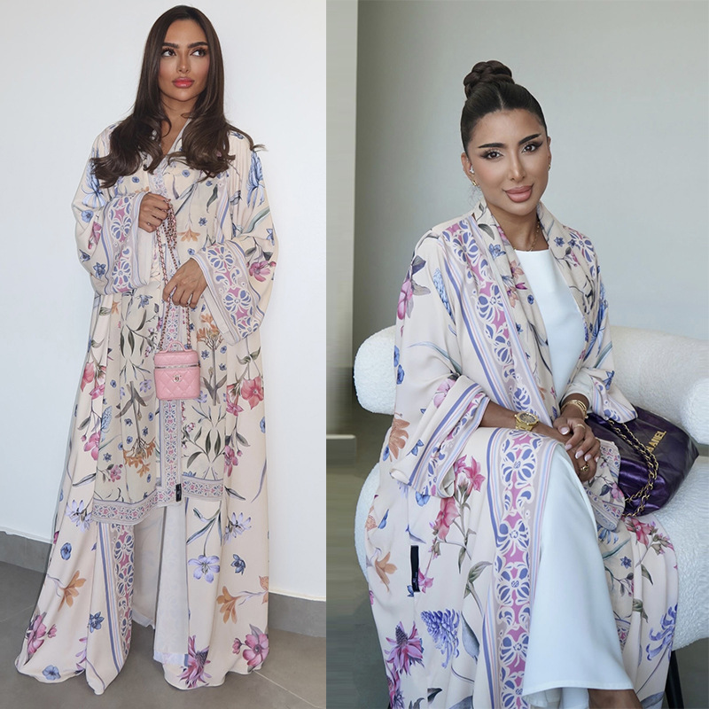 Elegant High Street Swing Vacation Jackets New Women's V Neck Autumn Coat Floral Print Long Sleeved Loose Muslim Cardiga - detail 1