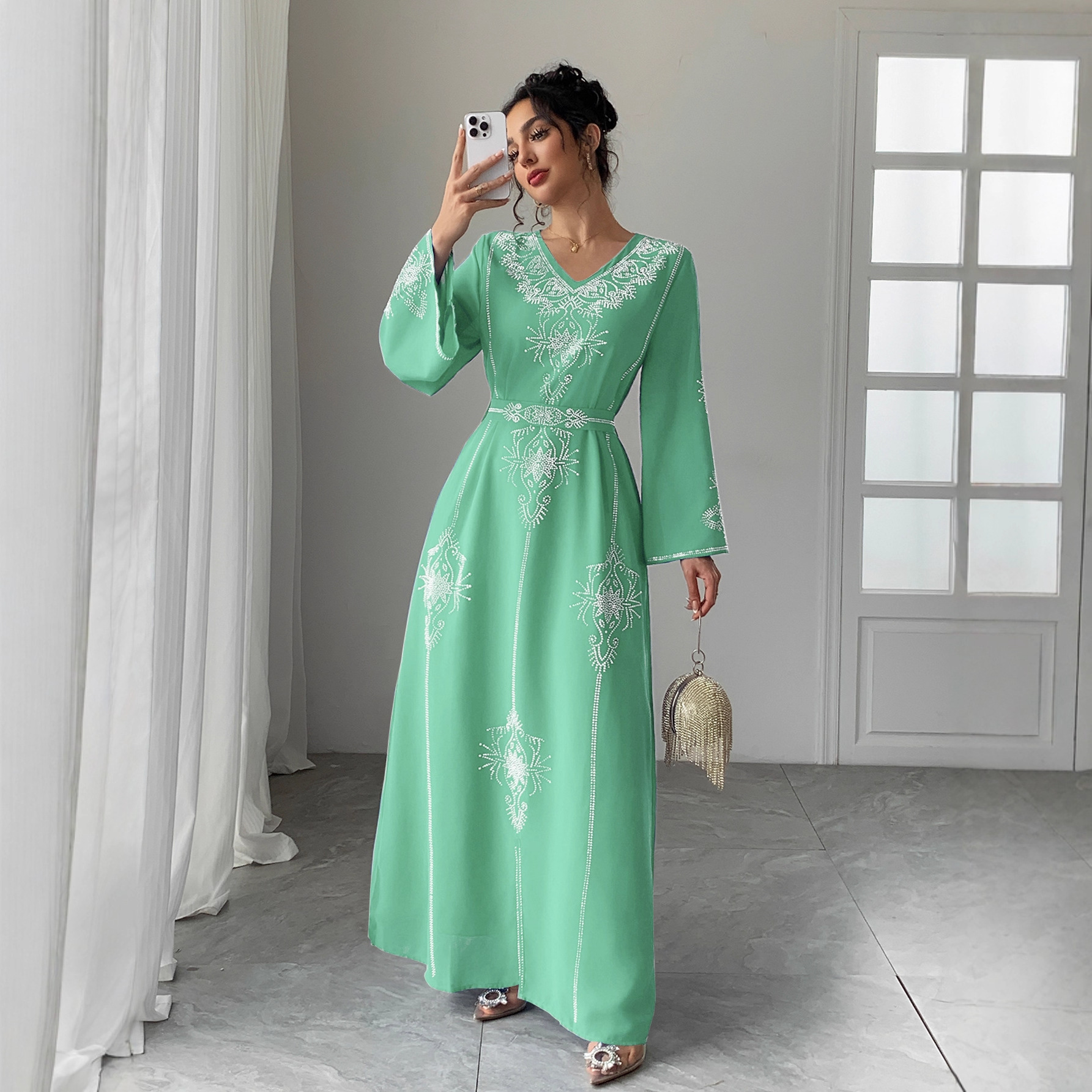 Women Diamond Dress Abaya Muslim Jalabiya Ramadan V Neck Party Dresses Arab Long Robe Dubai Kaftan - detail 1