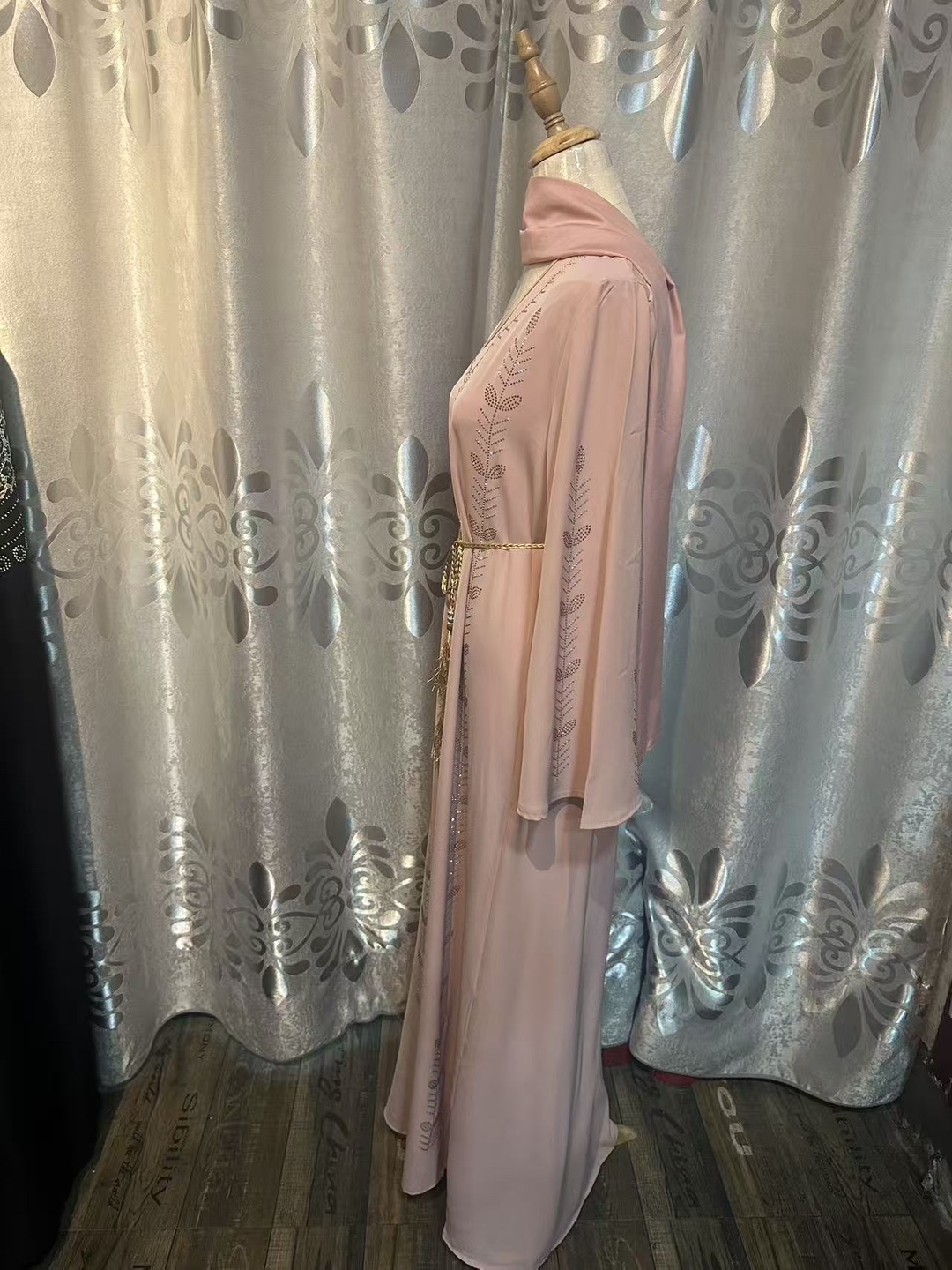 New Bell-sleeved women's abaya robe dress pullover with rhinestones and scarf, Dubai Robe - detail 6