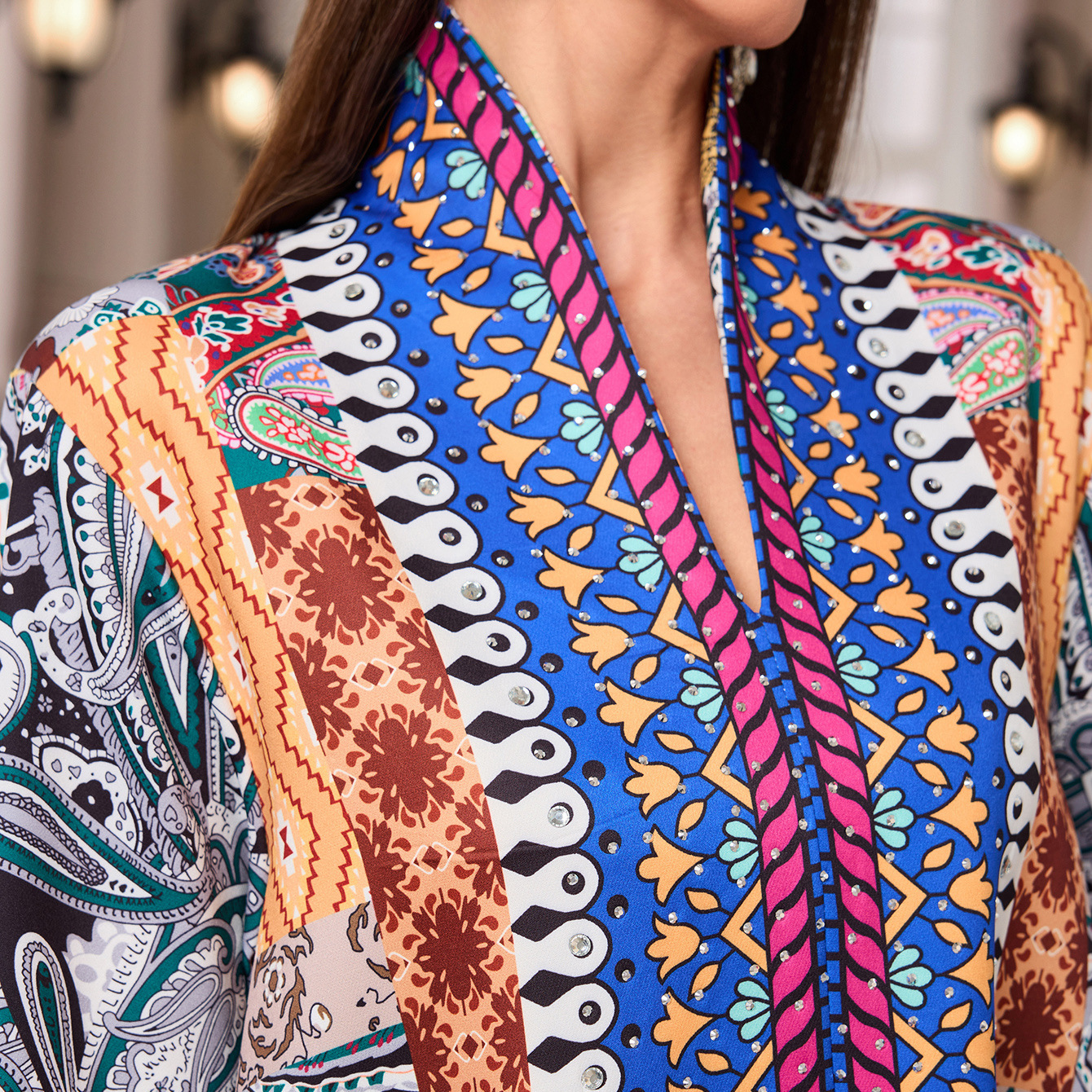 Ramadan Middle East Muslim New Ethnic Print Long Outer Wrap Robe Long Sleeve V-Neck Rhinestone Dress for Daily Wear - detail 6