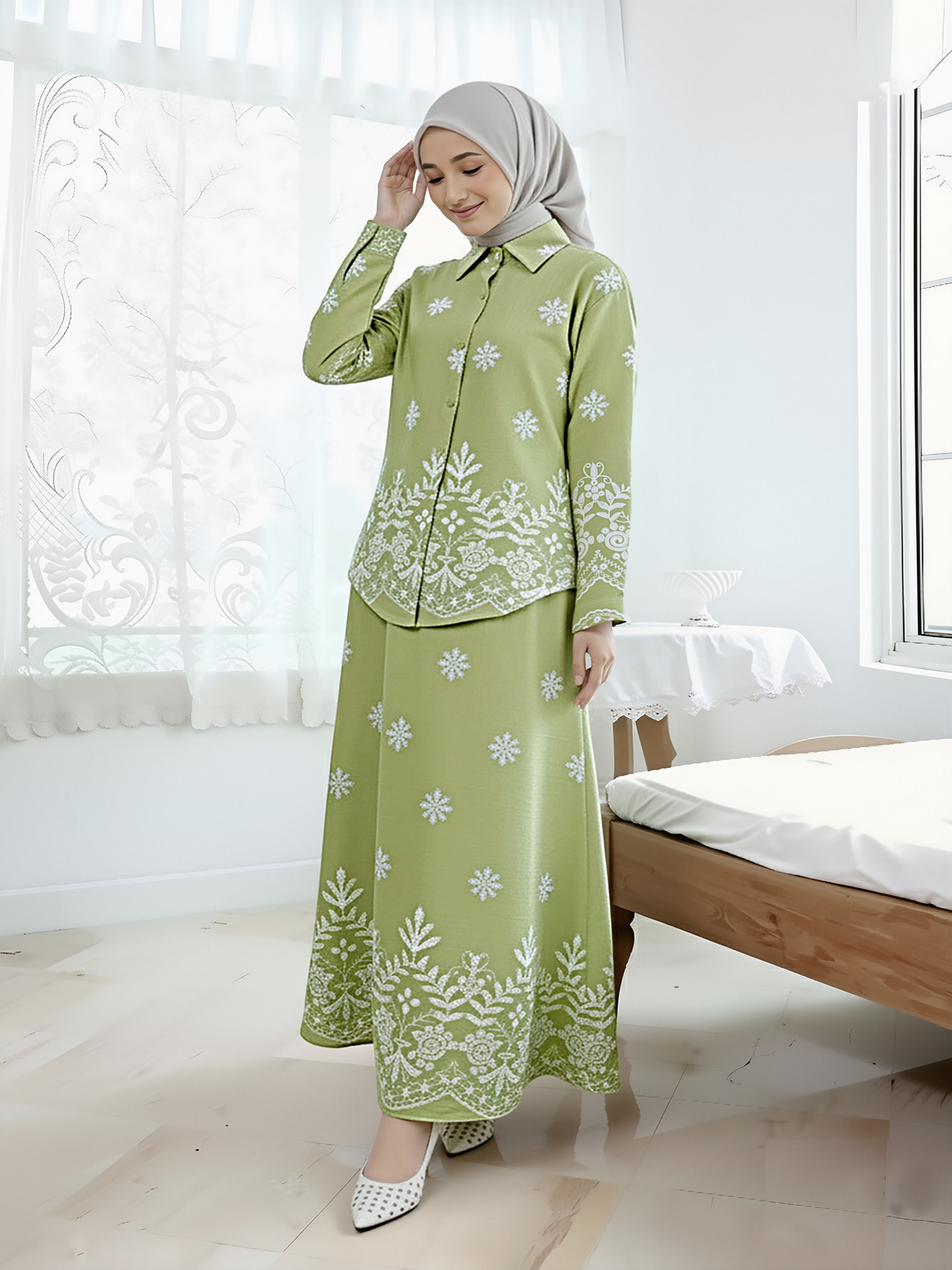Women Print Blouse Long Skirt 2 Piece Set Muslim Button Blusa Jalabiya Ramadan Dubai Arab Long Spring - detail 6