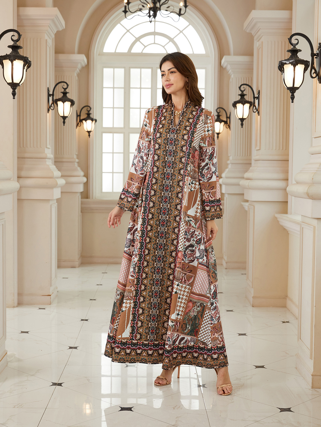 Elegant Jalabiya Sparkly Rhinestone Embroidered Kaftan Traditional Print Modest MaxiDress Arab Abaya MuslimGown - detail 5