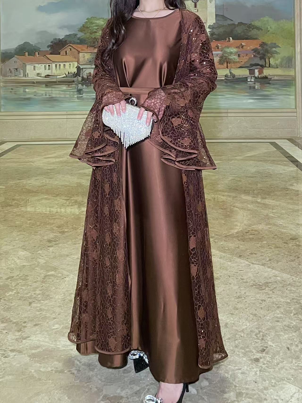 Muslim Party Women's Suits Lace Flare Sleeve Shawl Coat and Long Dress Two Piece Set Spring Elegant Solid Color Outfit - detail 2