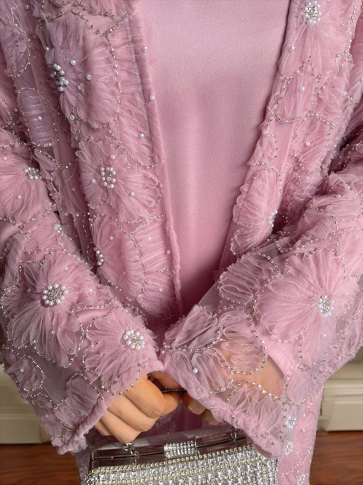Women’s 2‑Piece Set | Mesh Floral Beaded Jacket & Satin Inner Dress | Elegant Party Outfit, Vintage Style, Modest Wear - detail 8