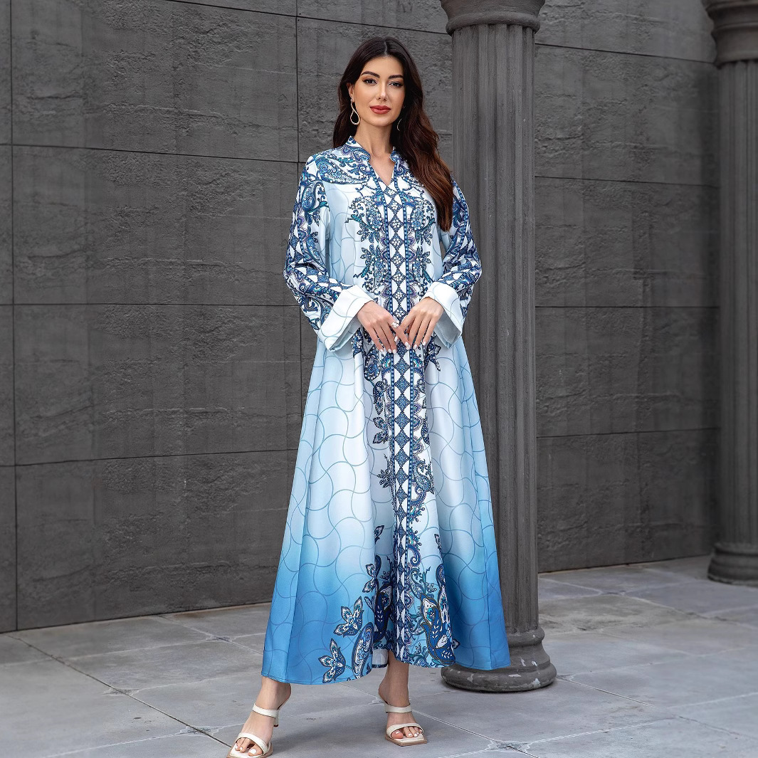 Women Dress Abaya Muslim Ramadan Jalabiya Print Beading Party Dresses Dubai Long Robe Kaftan - detail 2