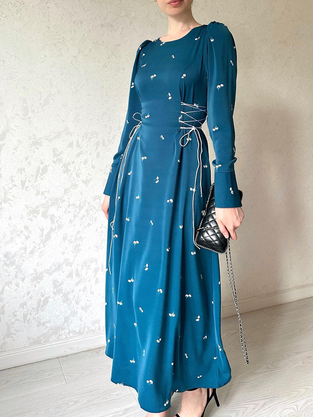 Chic Drawstring Waist Loose Dress Women Long Sleeve O Neck High Waist Pullover Swing Knee Length Spring Autumn - detail 1