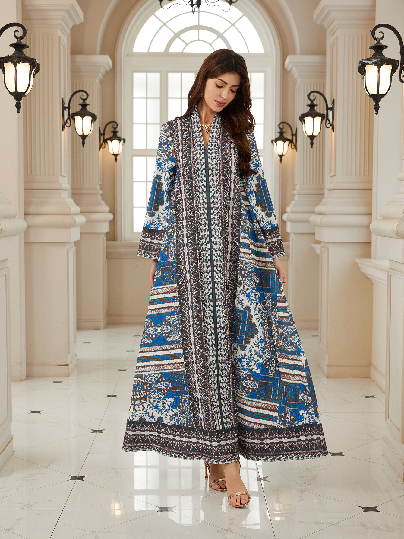 Luxury Muslim Women’s Long Sleeve Dress  Rhinestone & Water Diamond Print  Worldwide Viral Fashion Trend - detail 2