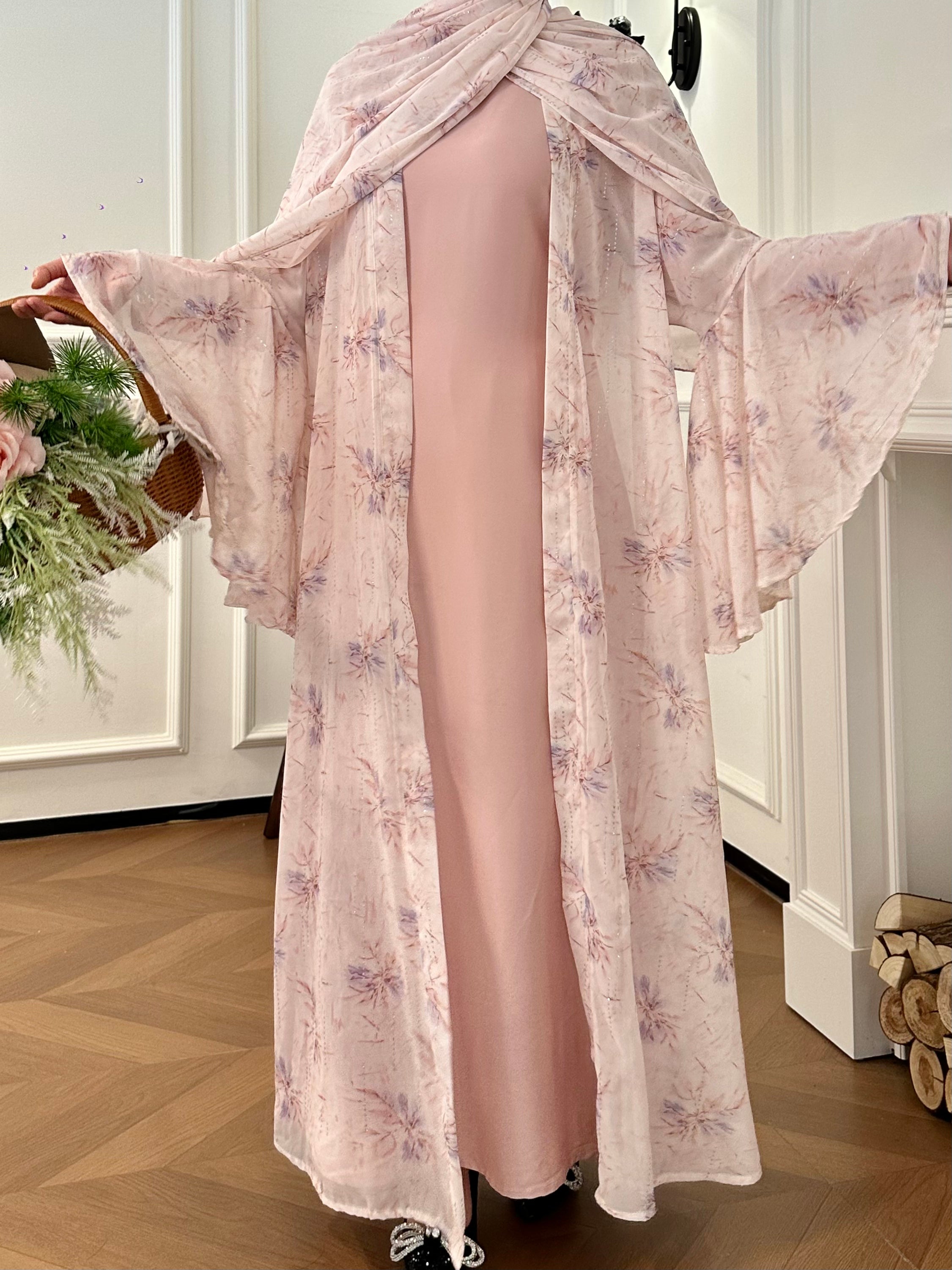 Dubai Women Pink Chiffon Printed Dress Open Kimono Abaya Floral Pattern Slim Fit Dress Kaftan Summer Casual Fashion - detail 5