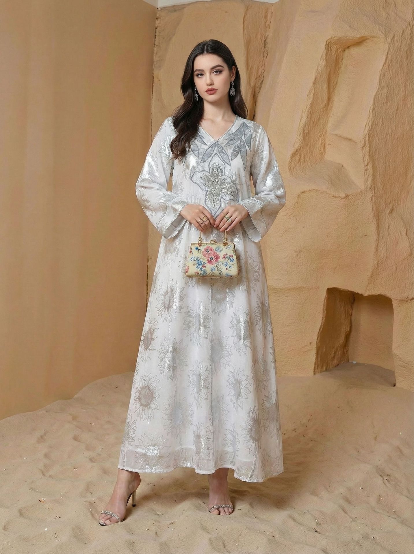 Abaya Women Party Dress Kaftan Jalabiya V Neck Sequins Muslim Dubai Ramadan Caftan Long Robe - detail 1