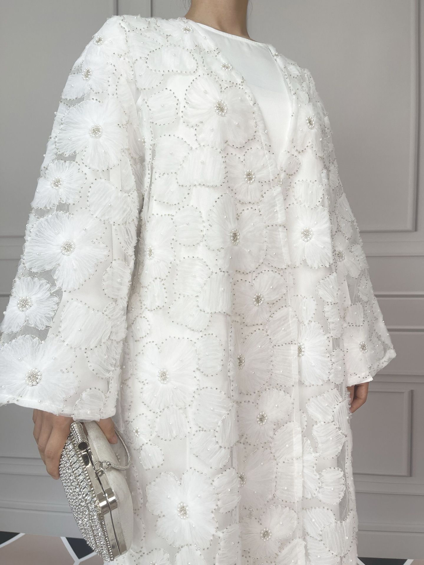 Women’s 2‑Piece Set | Mesh Floral Beaded Jacket & Satin Inner Dress | Elegant Party Outfit, Vintage Style, Modest Wear - detail 1