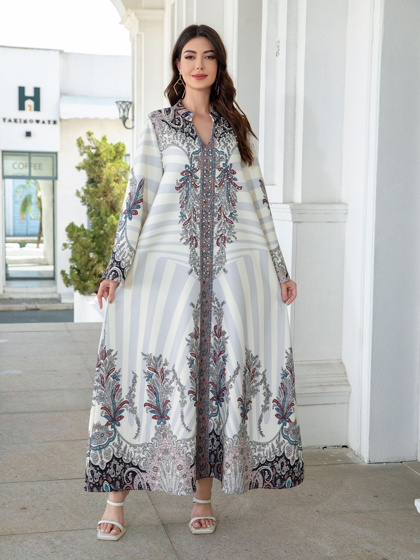 Muslim Ladies Long Dress Printed Diamond Embellished Stand Collar Abaya New Style Cross-Border Middle East Clothing - detail 9