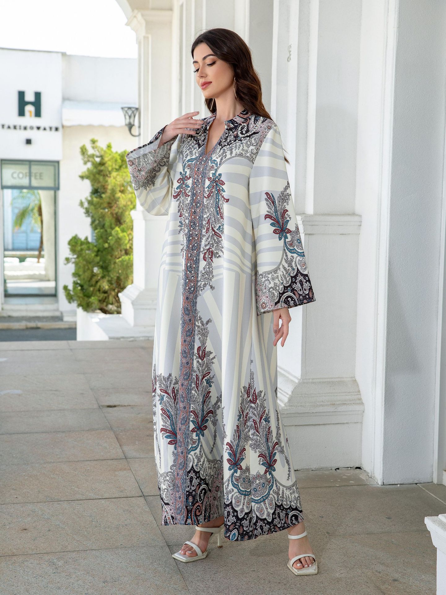 Muslim Ladies Long Dress Printed Diamond Embellished Stand Collar Abaya New Style Cross-Border Middle East Clothing - detail 10