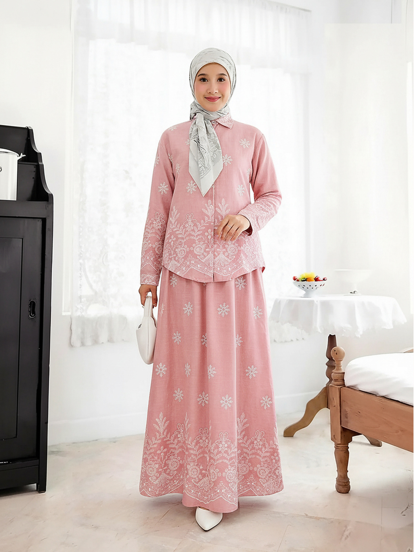 Women Print Blouse Long Skirt 2 Piece Set Muslim Button Blusa Jalabiya Ramadan Dubai Arab Long Spring - detail 3