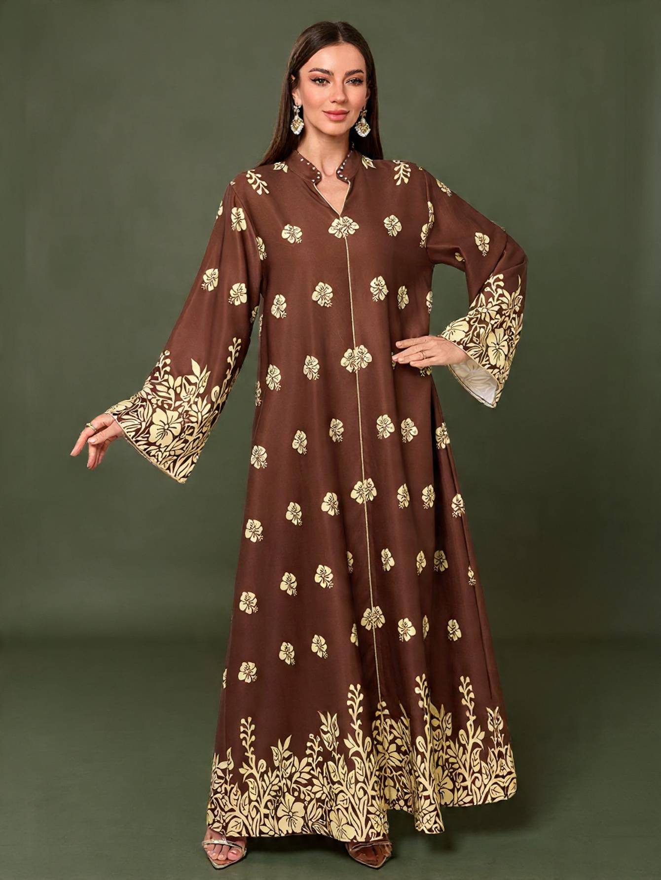 Women Print Dress Abaya Muslim Jalabiya Ramadan V Neck Party Dresses Arab Long Robe Dubai Kaftan - detail 3