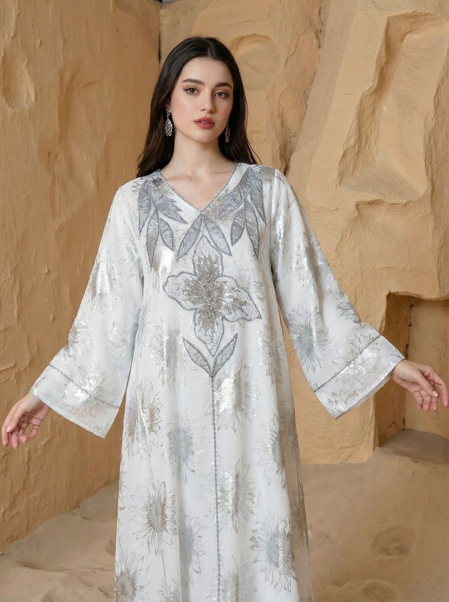 Abaya Women Party Dress Kaftan Jalabiya V Neck Sequins Muslim Dubai Ramadan Caftan Long Robe - detail 4