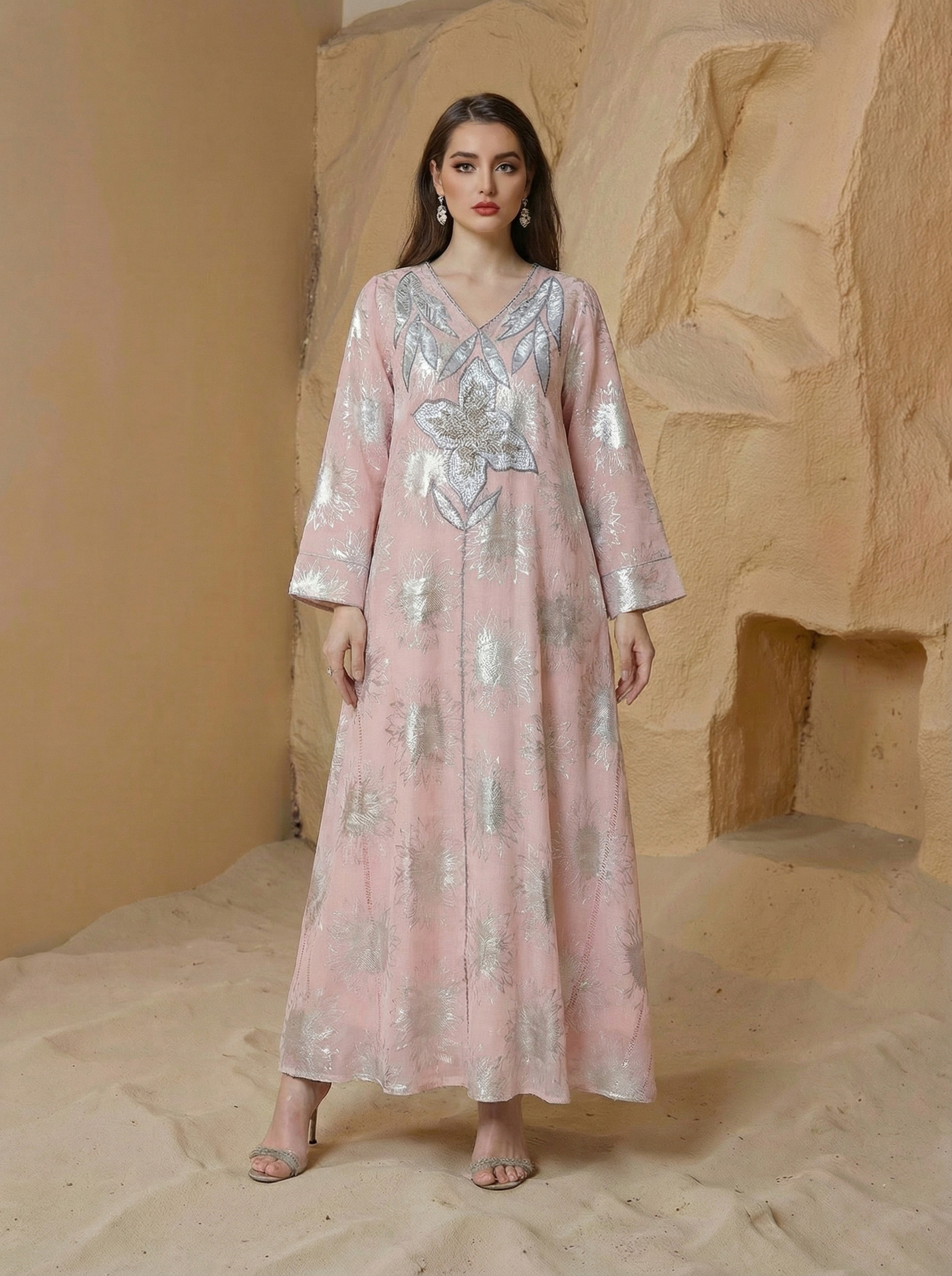 Abaya Women Party Dress Kaftan Jalabiya V Neck Sequins Muslim Dubai Ramadan Caftan Long Robe - detail 7