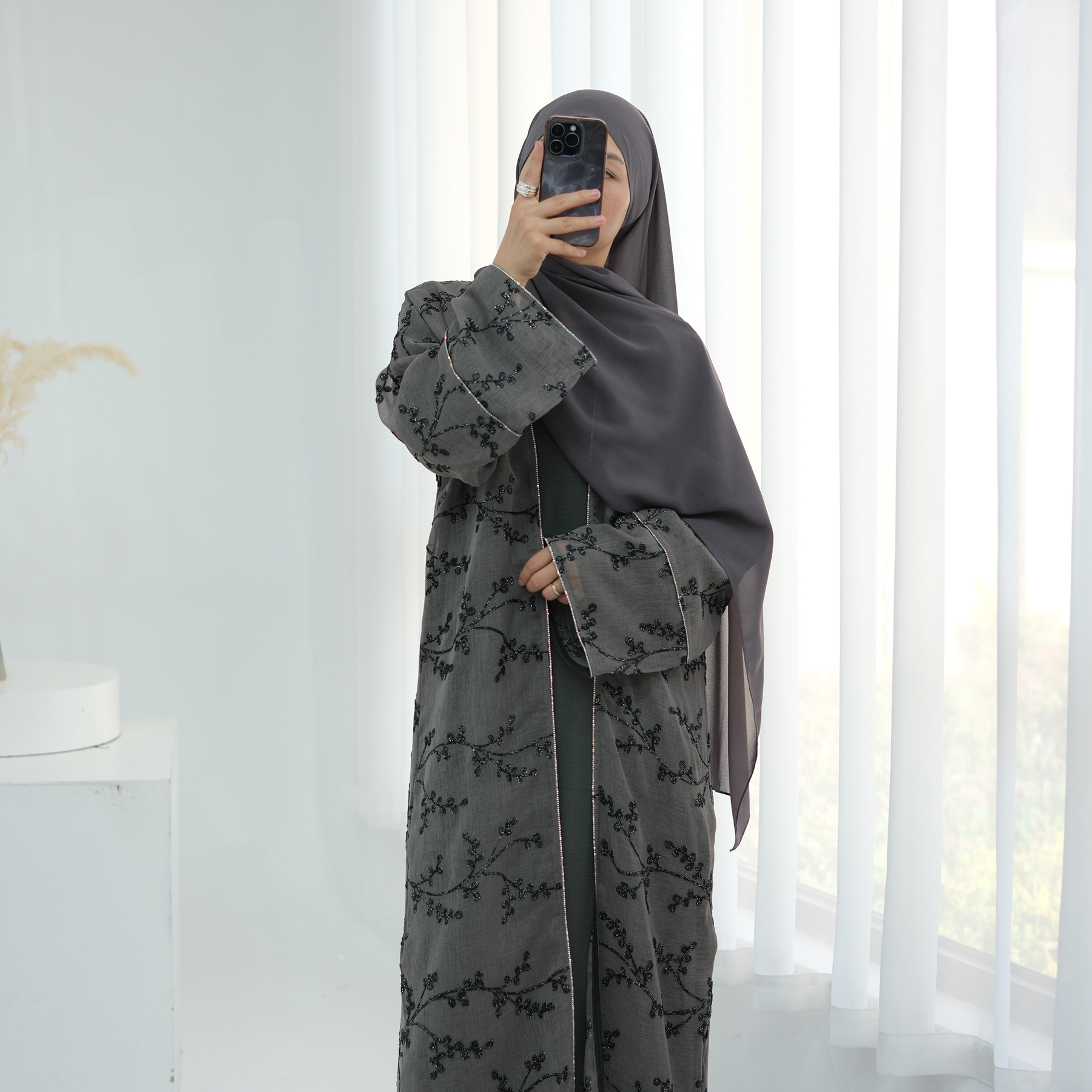 Muslim Women Dubai Abaya Luxury Embroidery Floral Long Dress Kimono Cardigan Kaftan Modest Robe Islamic Clothing - detail 9