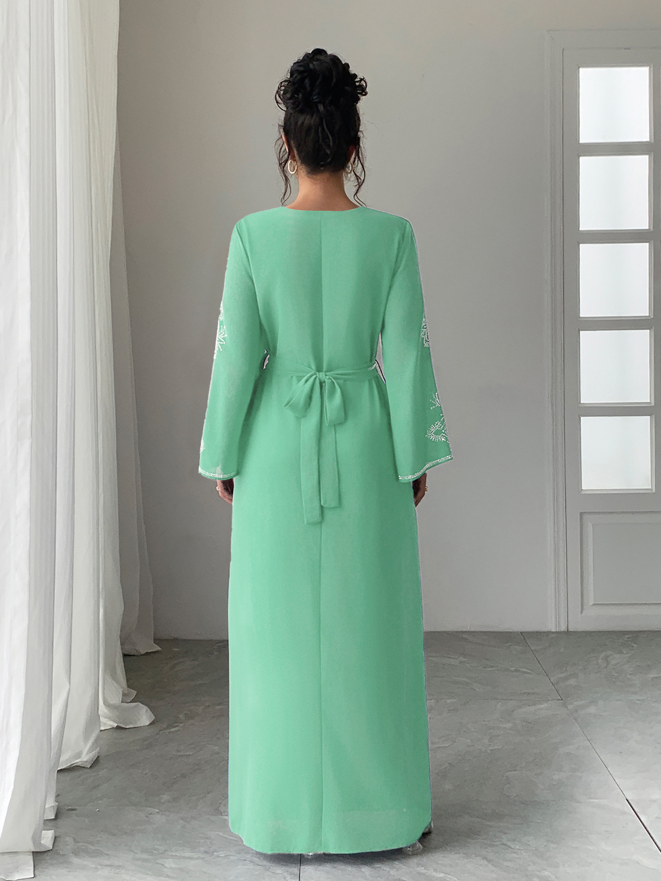 Women Diamond Dress Abaya Muslim Jalabiya Ramadan V Neck Party Dresses Arab Long Robe Dubai Kaftan - detail 4