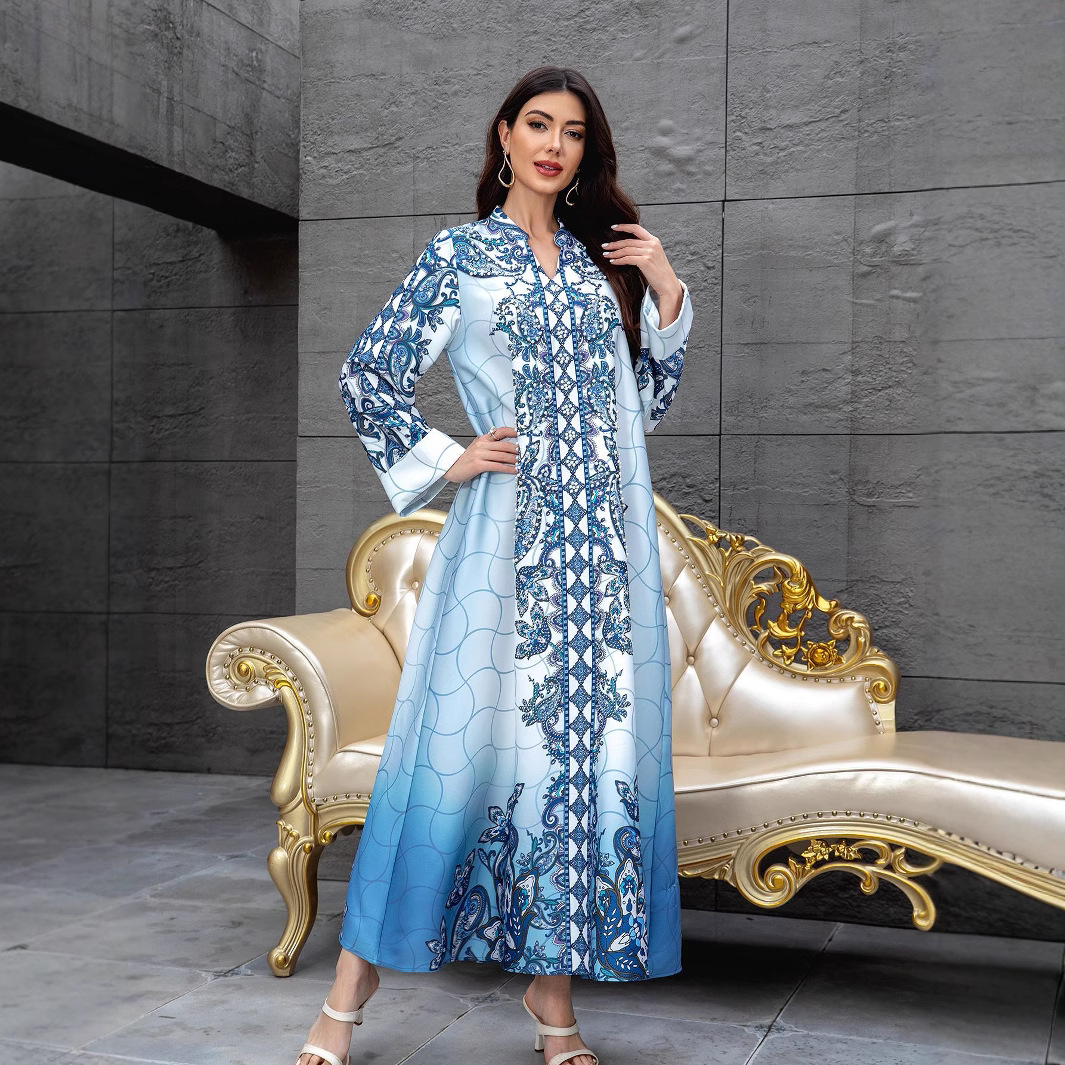 Women Dress Abaya Muslim Ramadan Jalabiya Print Beading Party Dresses Dubai Long Robe Kaftan - detail 4