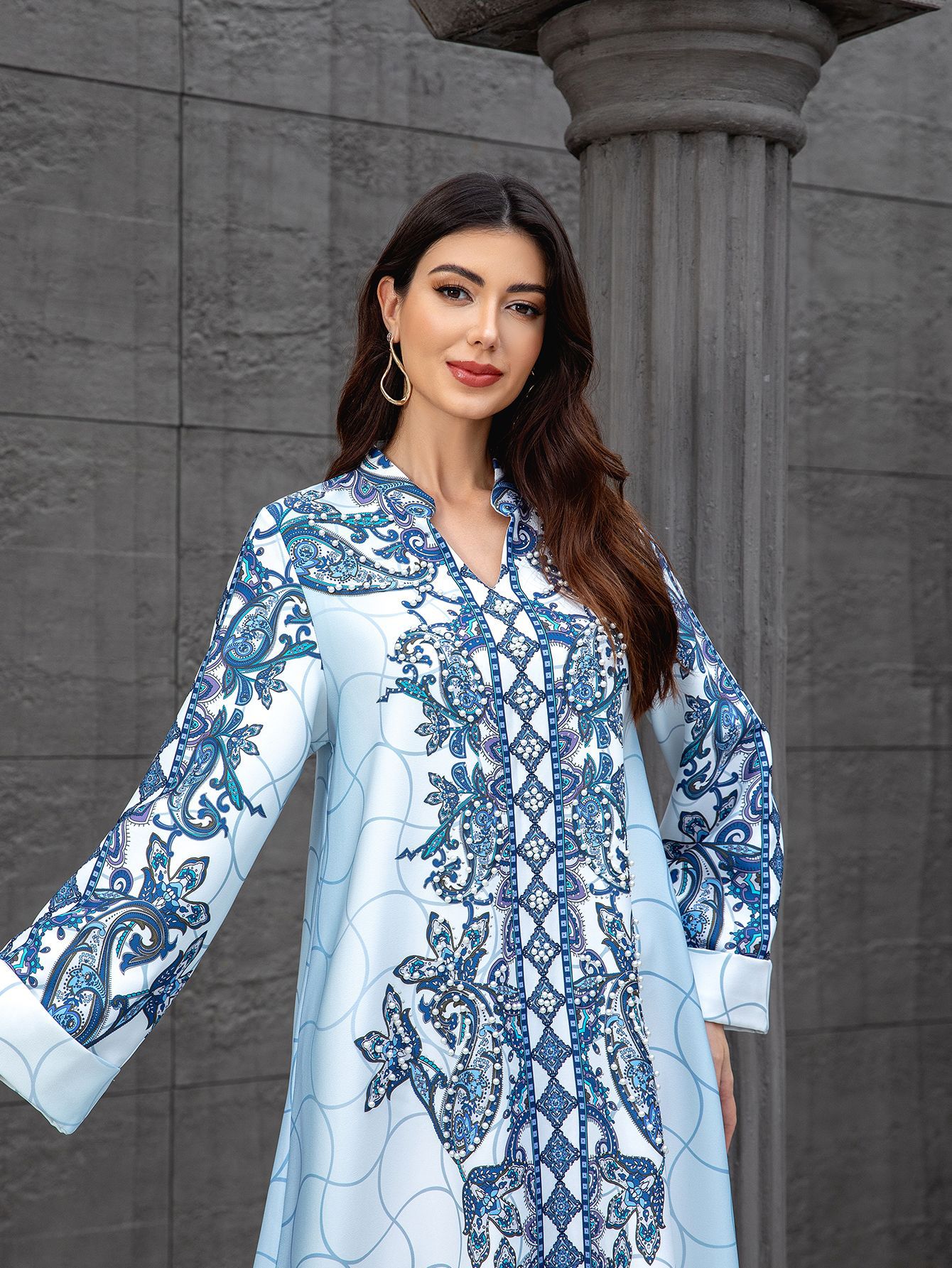 Women Dress Abaya Muslim Ramadan Jalabiya Print Beading Party Dresses Dubai Long Robe Kaftan - detail 5