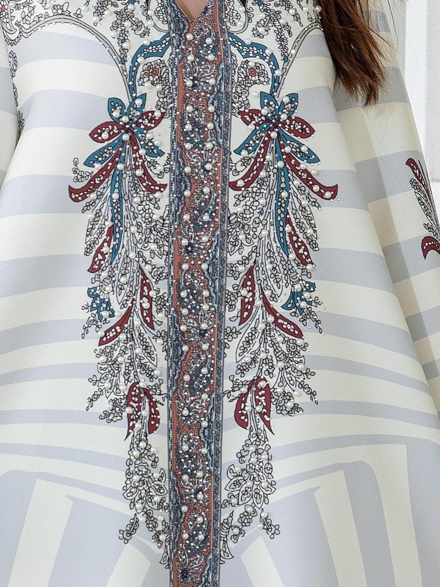 Muslim Ladies Long Dress Printed Diamond Embellished Stand Collar Abaya New Style Cross-Border Middle East Clothing - detail 2