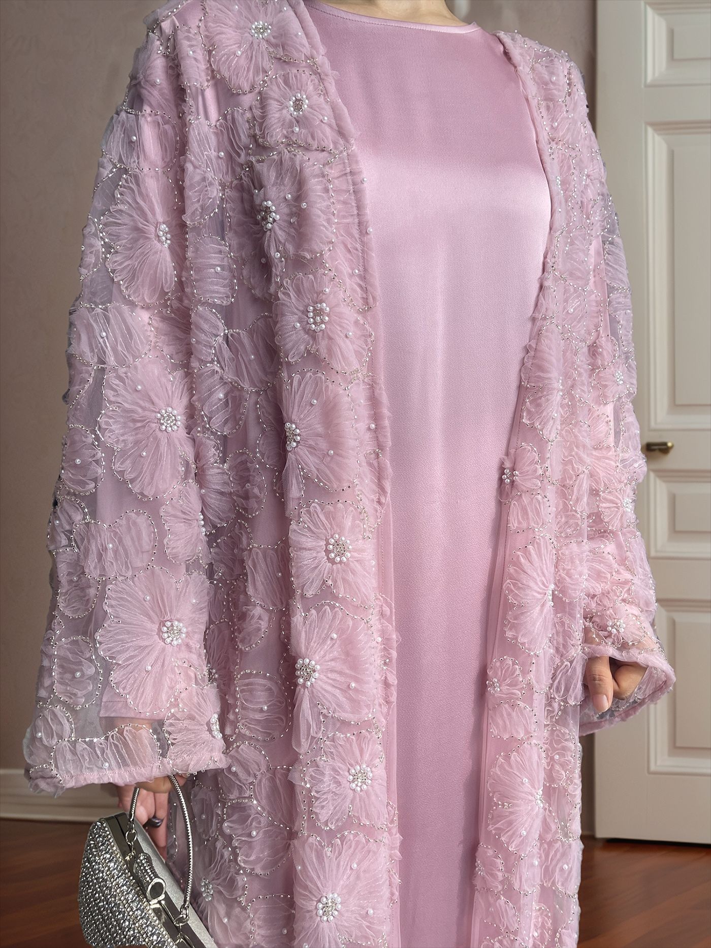 Women’s 2‑Piece Set | Mesh Floral Beaded Jacket & Satin Inner Dress | Elegant Party Outfit, Vintage Style, Modest Wear - detail 7