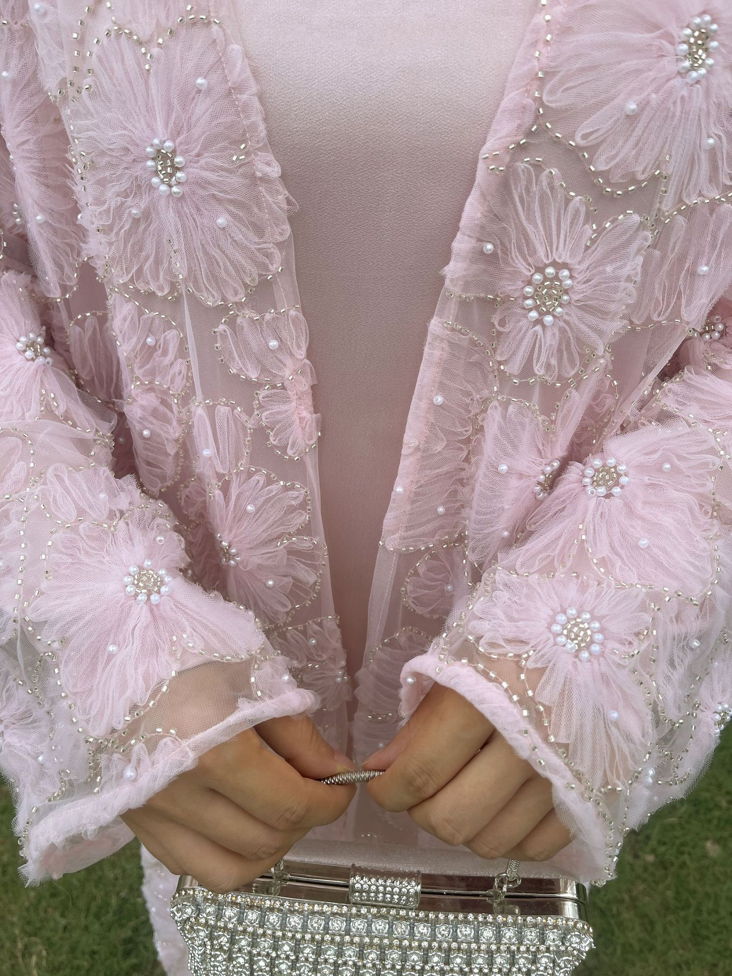Women’s 2‑Piece Set | Mesh Floral Beaded Jacket & Satin Inner Dress | Elegant Party Outfit, Vintage Style, Modest Wear - detail 10