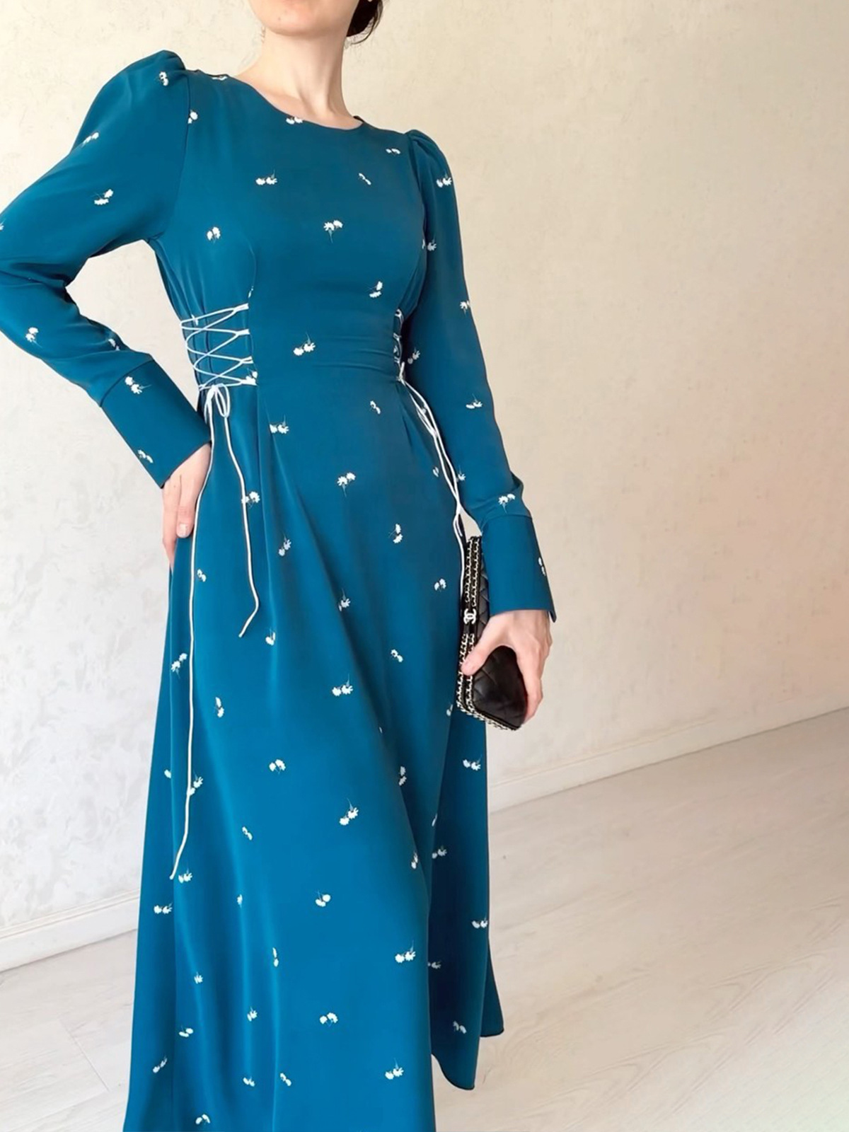 Chic Drawstring Waist Loose Dress Women Long Sleeve O Neck High Waist Pullover Swing Knee Length Spring Autumn - detail 2