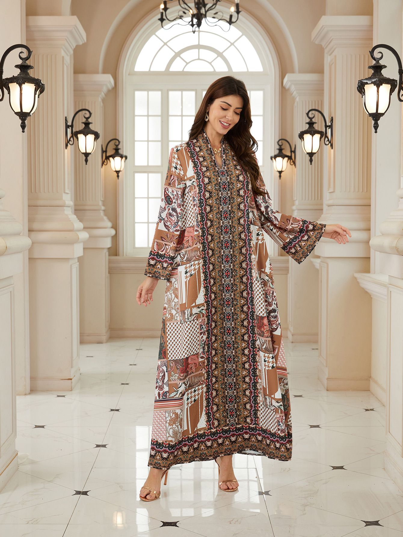 Elegant Jalabiya Sparkly Rhinestone Embroidered Kaftan Traditional Print Modest MaxiDress Arab Abaya MuslimGown - detail 1