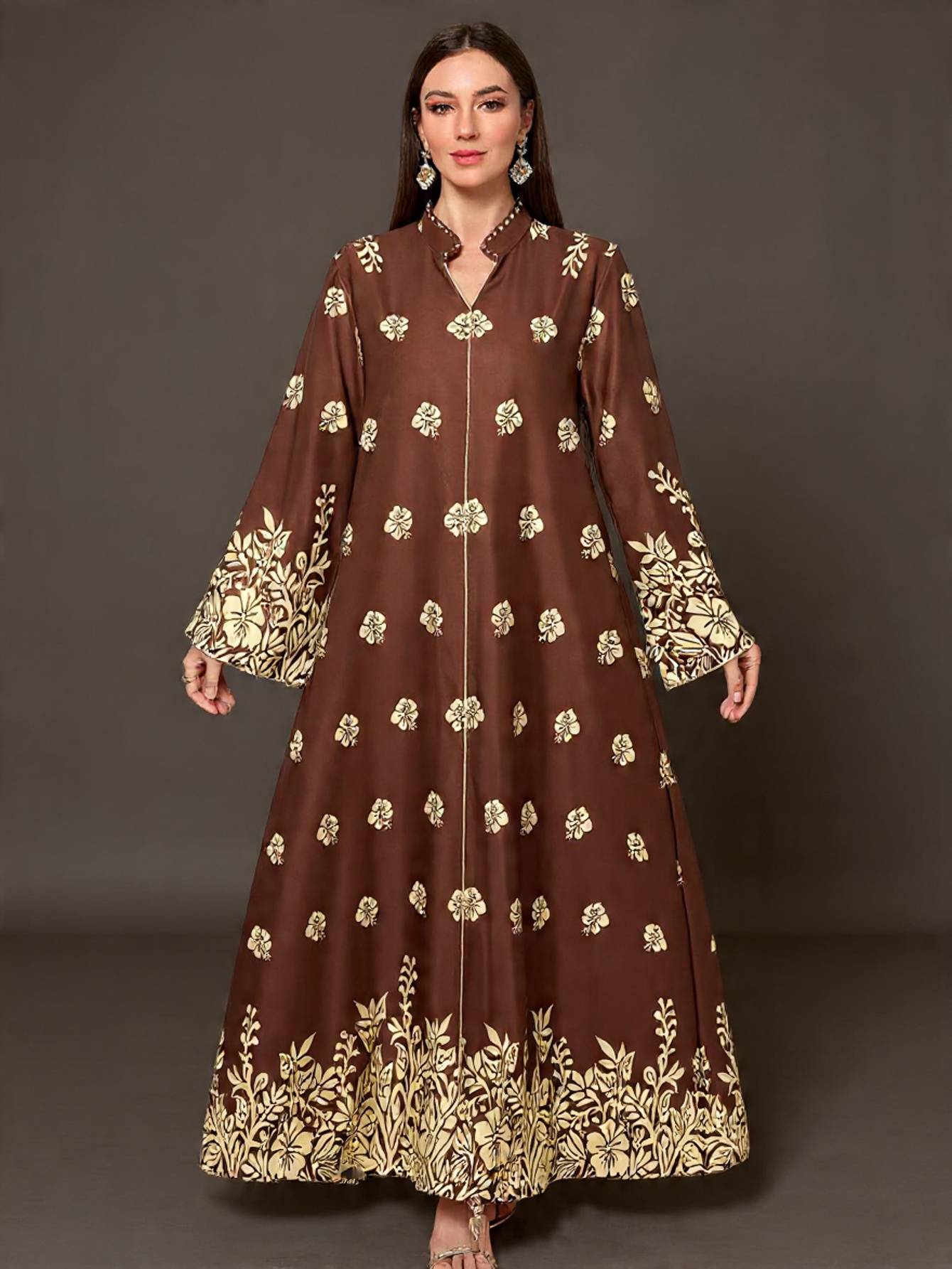 Women Print Dress Abaya Muslim Jalabiya Ramadan V Neck Party Dresses Arab Long Robe Dubai Kaftan - detail 1