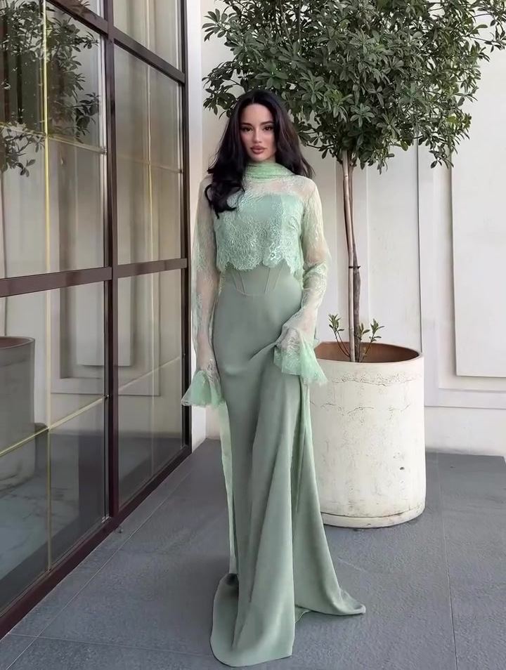Thinyfull Saudi Arabia Mermaid Prom Evening Dresses Long Sleeve Lace Maxi Party Dress 2 Pieces Cocktail Prom Gowns - detail 3