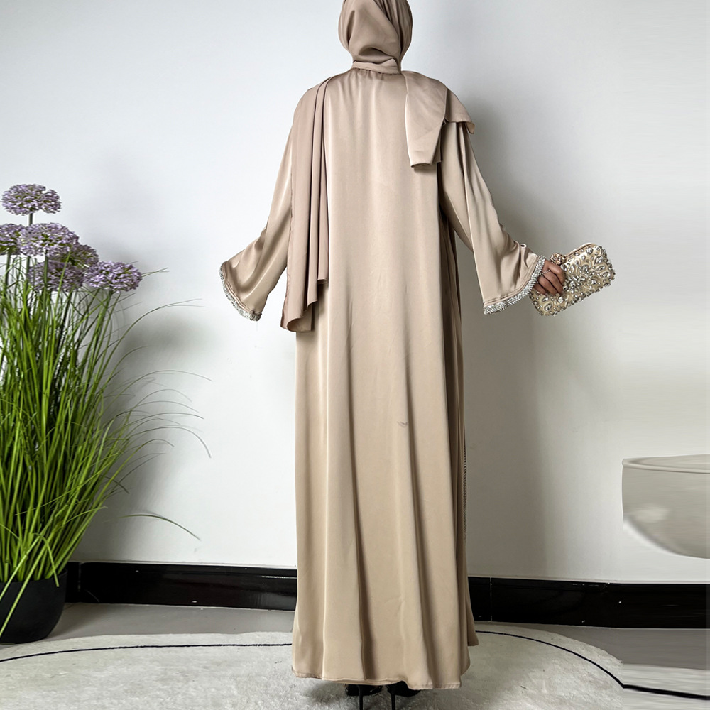 Ramadan Muslim Set Abaya Women Satin Kimono Dress Hijab Belt Diamond Cardigan Abayas Kaftan Dubai Robe - detail 10
