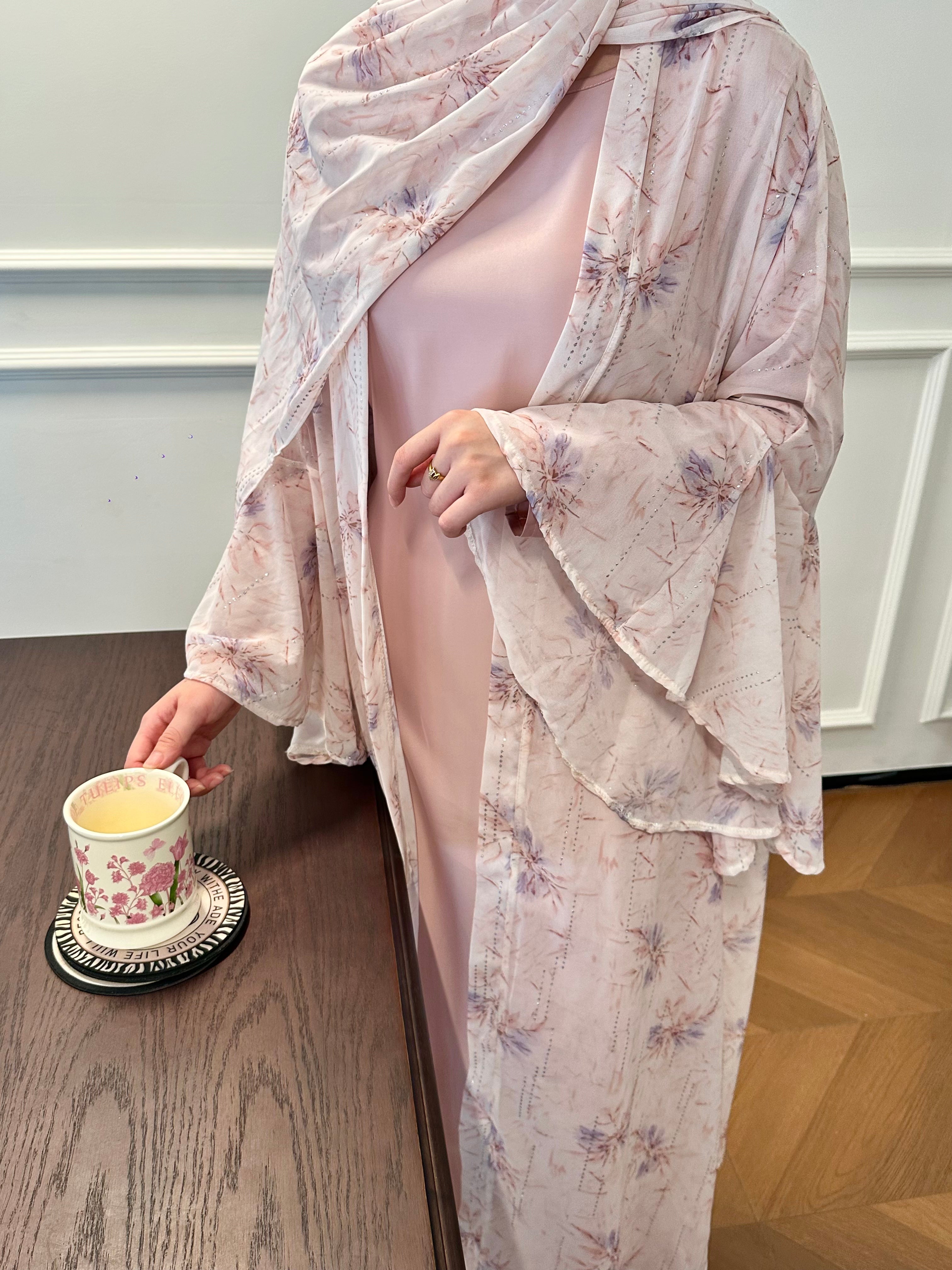 Dubai Women Pink Chiffon Printed Dress Open Kimono Abaya Floral Pattern Slim Fit Dress Kaftan Summer Casual Fashion - detail 7