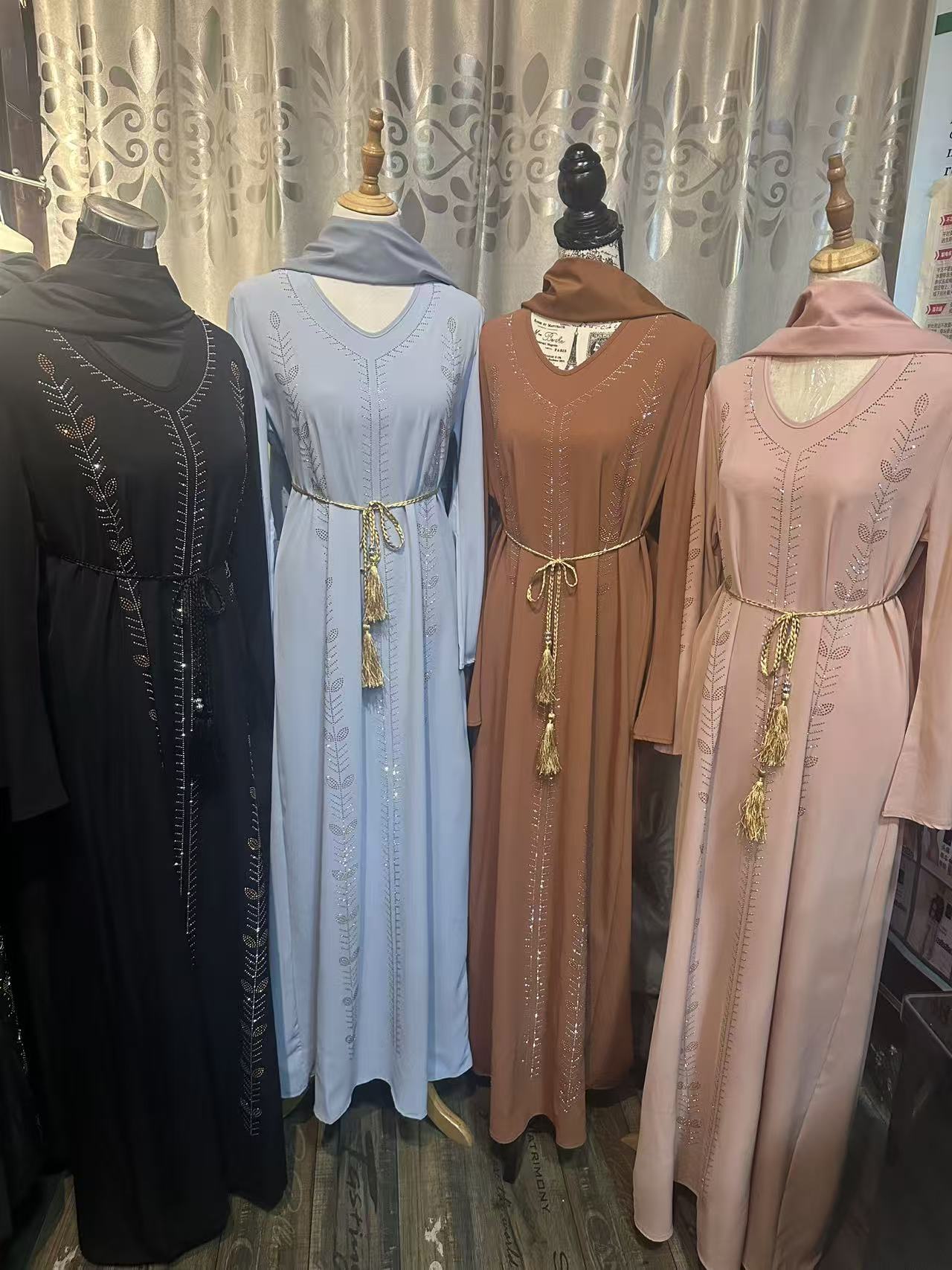 New Bell-sleeved women's abaya robe dress pullover with rhinestones and scarf, Dubai Robe - detail 2