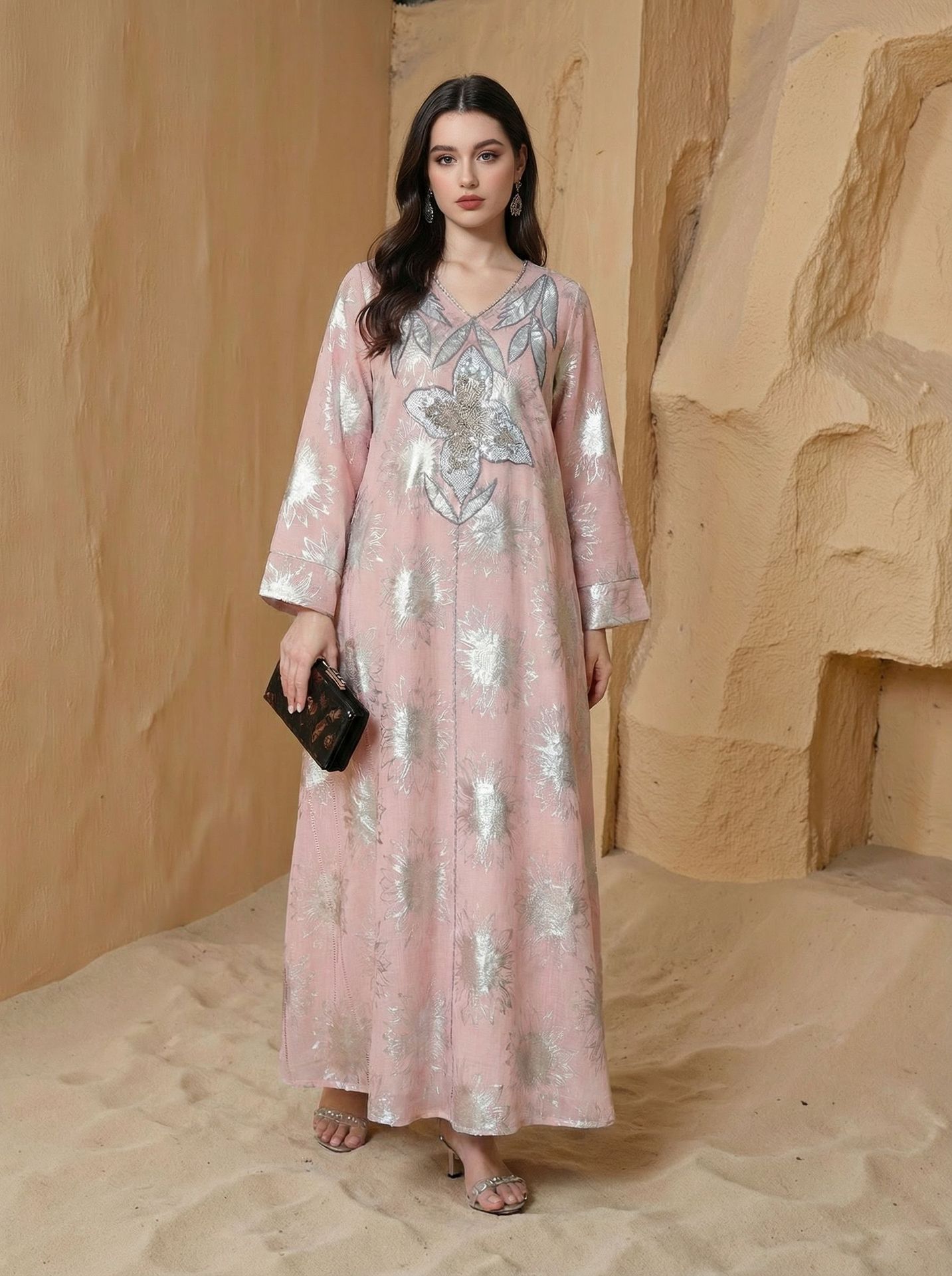 Abaya Women Party Dress Kaftan Jalabiya V Neck Sequins Muslim Dubai Ramadan Caftan Long Robe - detail 3