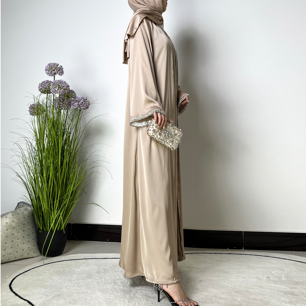 Ramadan Muslim Set Abaya Women Satin Kimono Dress Hijab Belt Diamond Cardigan Abayas Kaftan Dubai Robe - detail 12