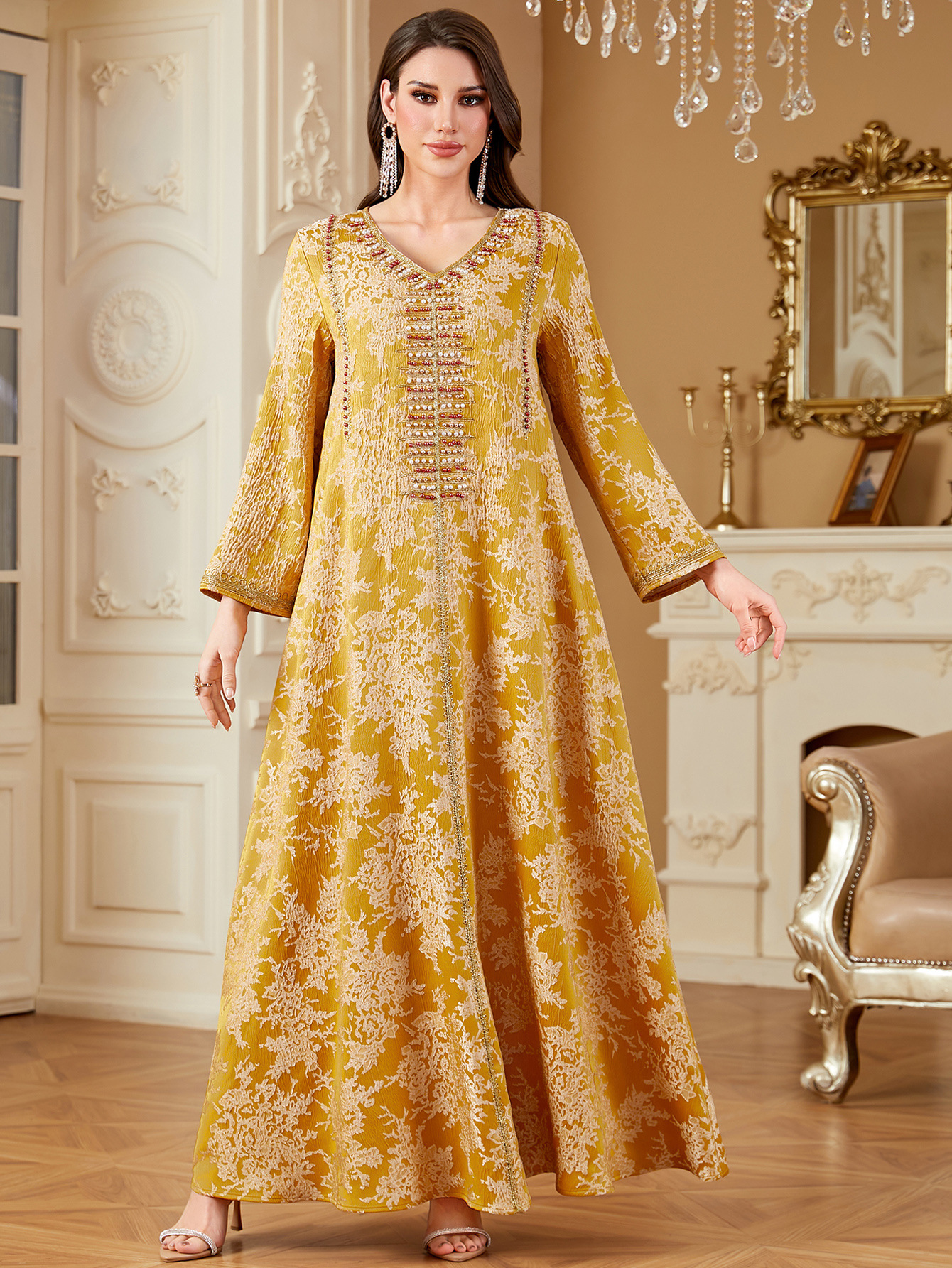 Women Embroidery Print Dress Abaya Women Party Jalabiya Muslim Dubai  Ramadan Prayer Caftan Robe - detail 3