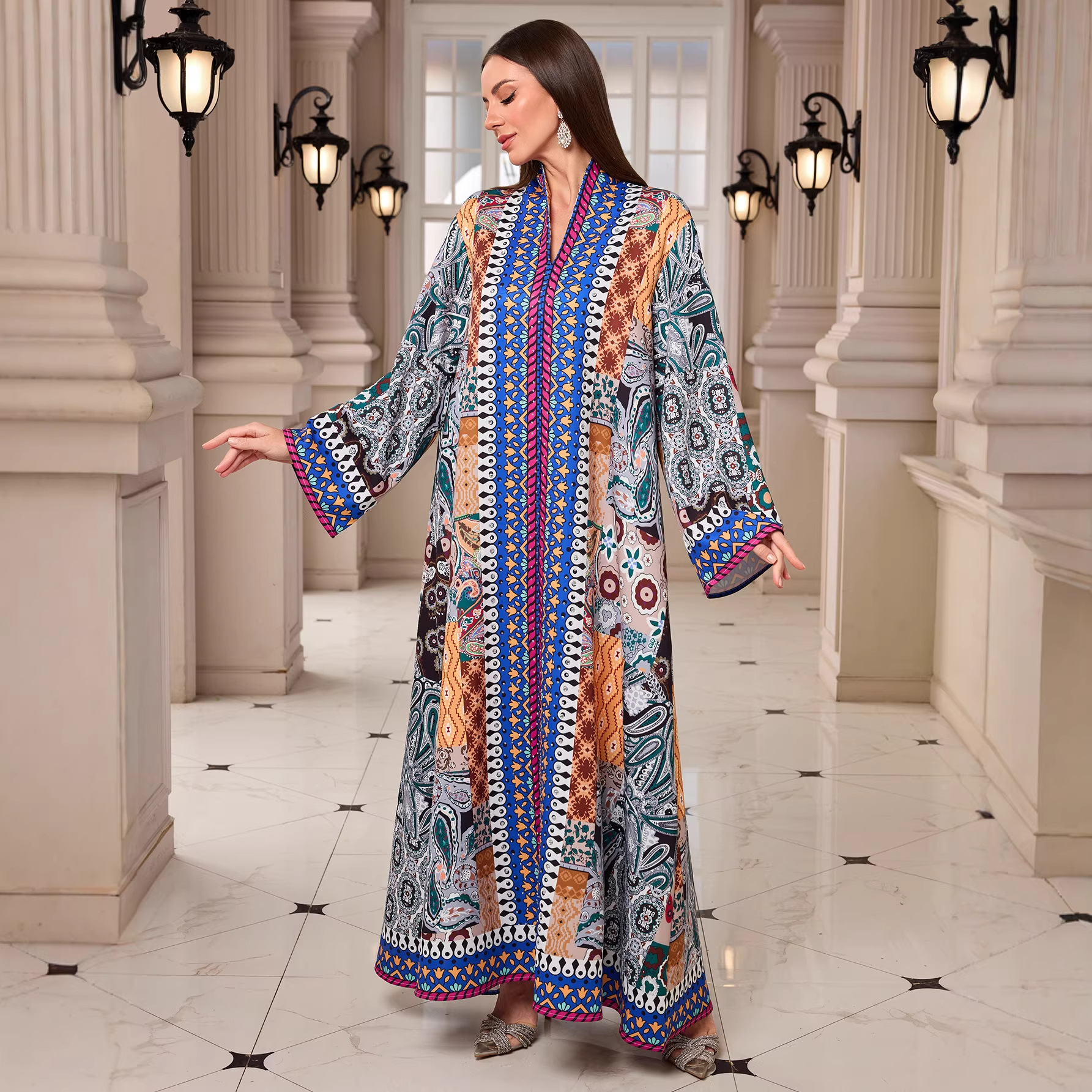 Ramadan Middle East Muslim New Ethnic Print Long Outer Wrap Robe Long Sleeve V-Neck Rhinestone Dress for Daily Wear - detail 2