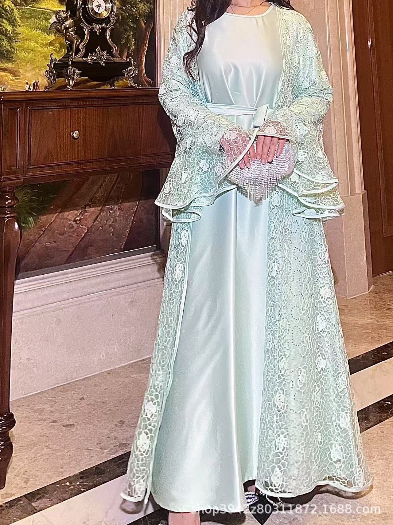 Muslim Party Women's Suits Lace Flare Sleeve Shawl Coat and Long Dress Two Piece Set Spring Elegant Solid Color Outfit - detail 5