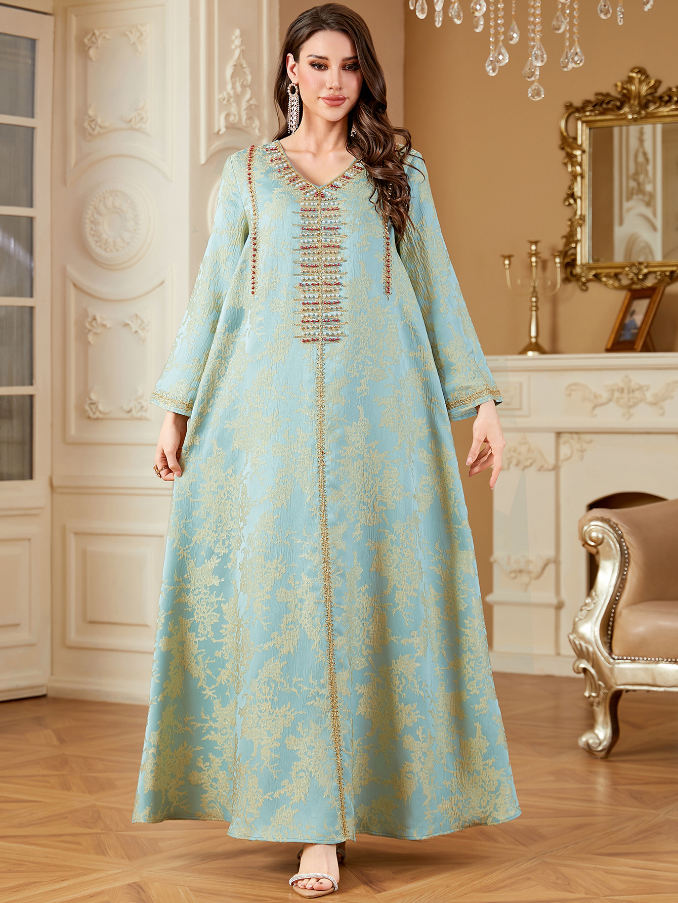 Women Embroidery Print Dress Abaya Women Party Jalabiya Muslim Dubai  Ramadan Prayer Caftan Robe - detail 9