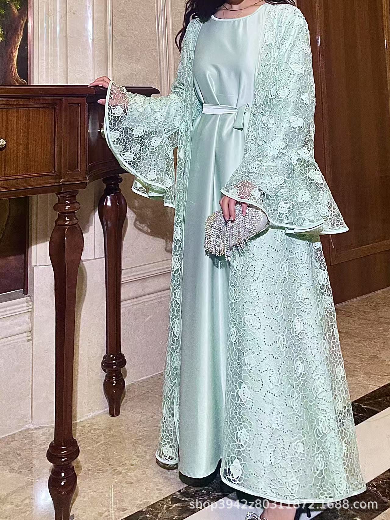 Muslim Party Women's Suits Lace Flare Sleeve Shawl Coat and Long Dress Two Piece Set Spring Elegant Solid Color Outfit - detail 9