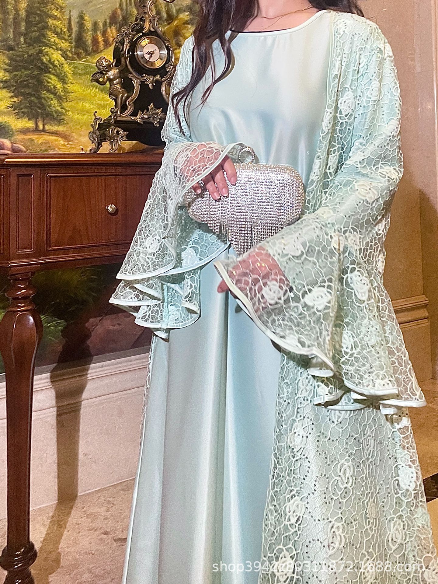 Muslim Party Women's Suits Lace Flare Sleeve Shawl Coat and Long Dress Two Piece Set Spring Elegant Solid Color Outfit - detail 11