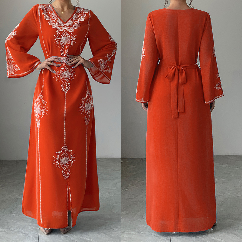 Women Diamond Dress Abaya Muslim Jalabiya Ramadan V Neck Party Dresses Arab Long Robe Dubai Kaftan - detail 5